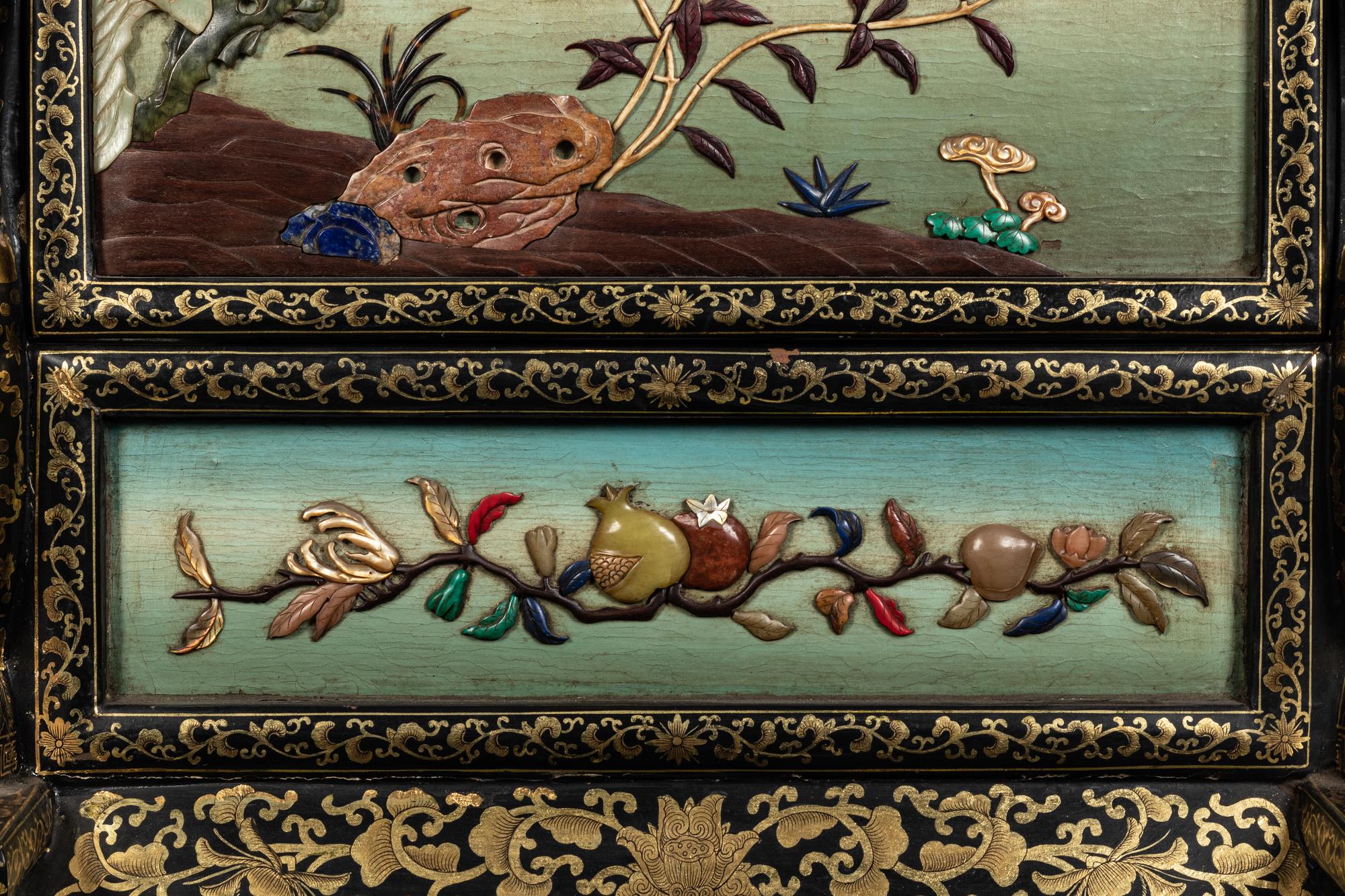 A Large Hardstone Embellished, Gilt and Black Lacquered Wood Screen
