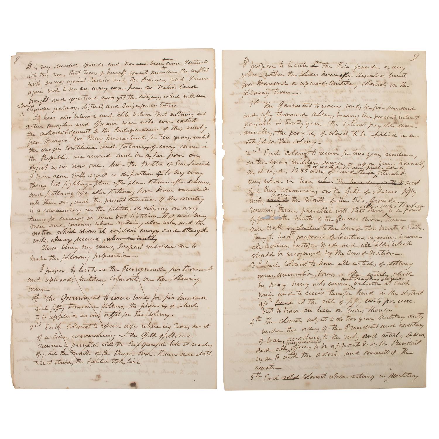 [REPUBLIC OF TEXAS]. HUSTON, Felix (1800-1857). Autograph letter signed ("Felix Huston"), "To His Excellency Mirabeau B. Lamar President of Texas," a draft detailing "a proposition for the defense of Texas." City of Houston, 31 December 1838.