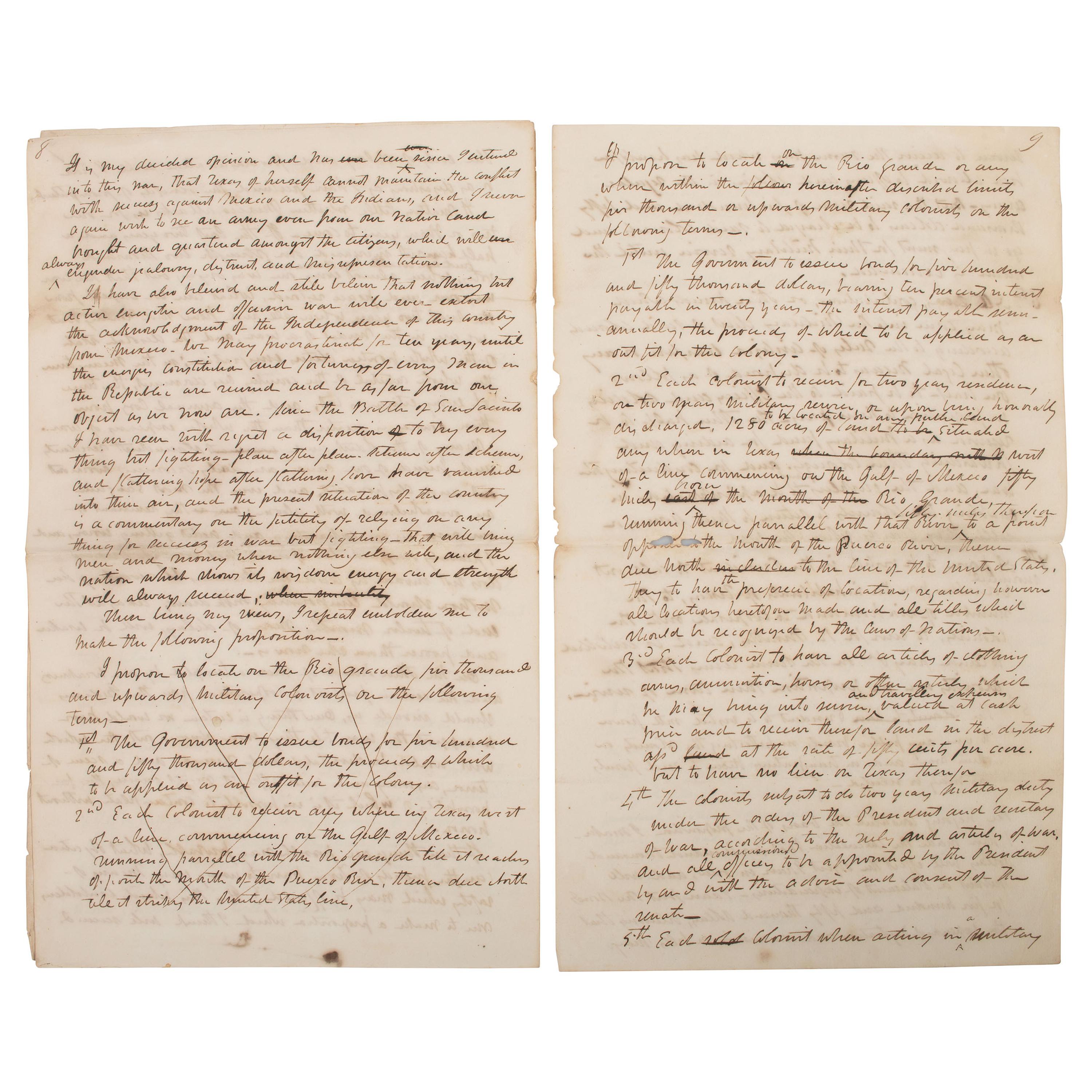 [REPUBLIC OF TEXAS]. HUSTON, Felix (1800-1857). Autograph letter signed ("Felix Huston"), "To His Excellency Mirabeau B. Lamar President of Texas," a draft detailing "a proposition for the defense of Texas." City of Houston, 31 December 1838.