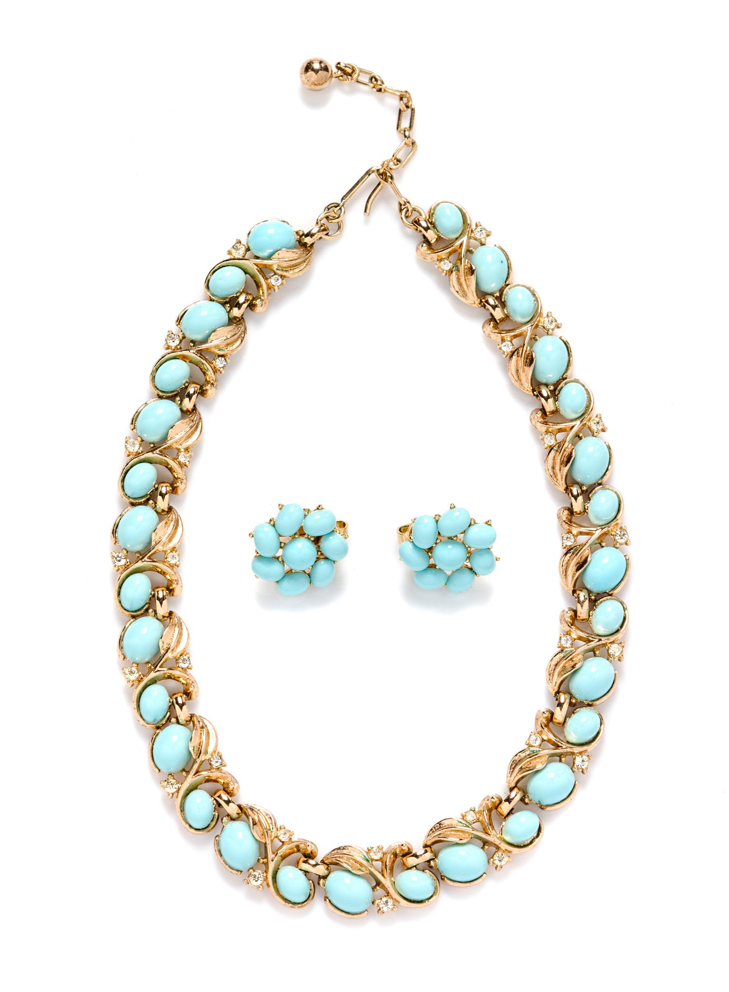 A Trifari Goldtone Aqua Enamel and Rhinestone Demi Parure,