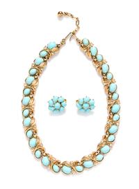 A Trifari Goldtone Aqua Enamel and Rhinestone Demi Parure,