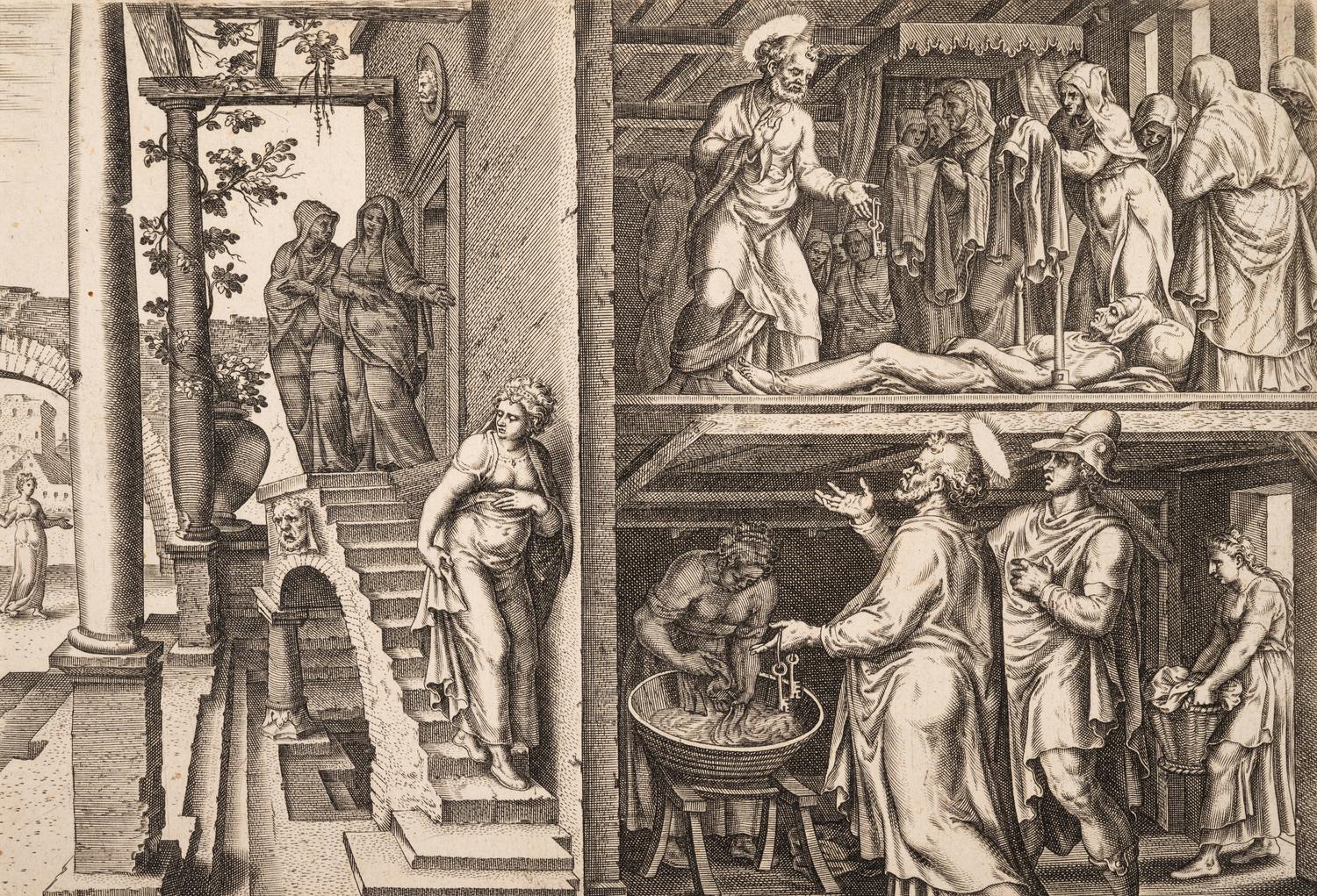 A group of five prints ( Descent from the Cross; The Raising of Tabitha, c. 1550; Untitled (A Saint's Blessing); Untitled (Benediction); Untitled (Saint in a Crowd), c. 1540)