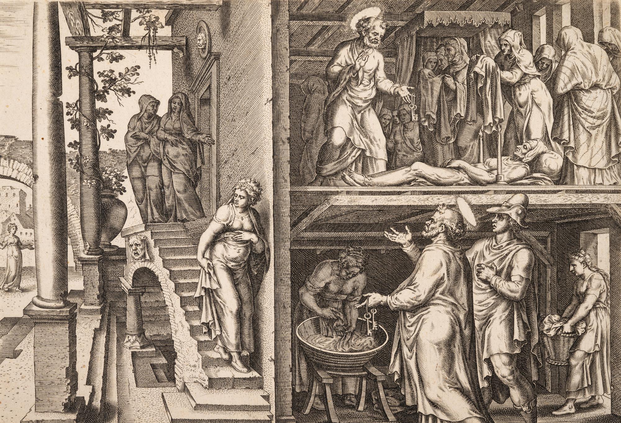 A group of five prints ( Descent from the Cross; The Raising of Tabitha, c. 1550; Untitled (A Saint's Blessing); Untitled (Benediction); Untitled (Saint in a Crowd), c. 1540)
