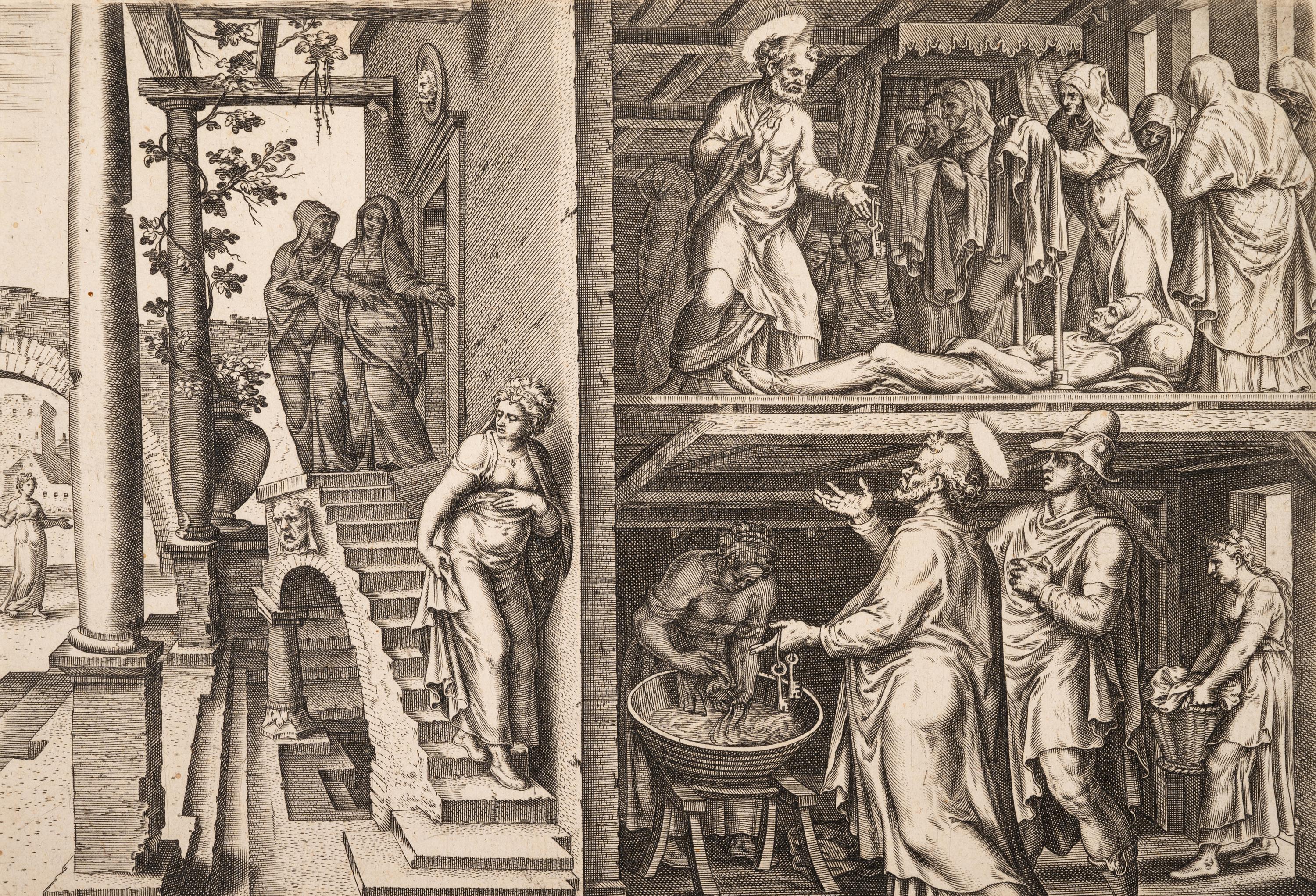 A group of five prints ( Descent from the Cross; The Raising of Tabitha, c. 1550; Untitled (A Saint's Blessing); Untitled (Benediction); Untitled (Saint in a Crowd), c. 1540)