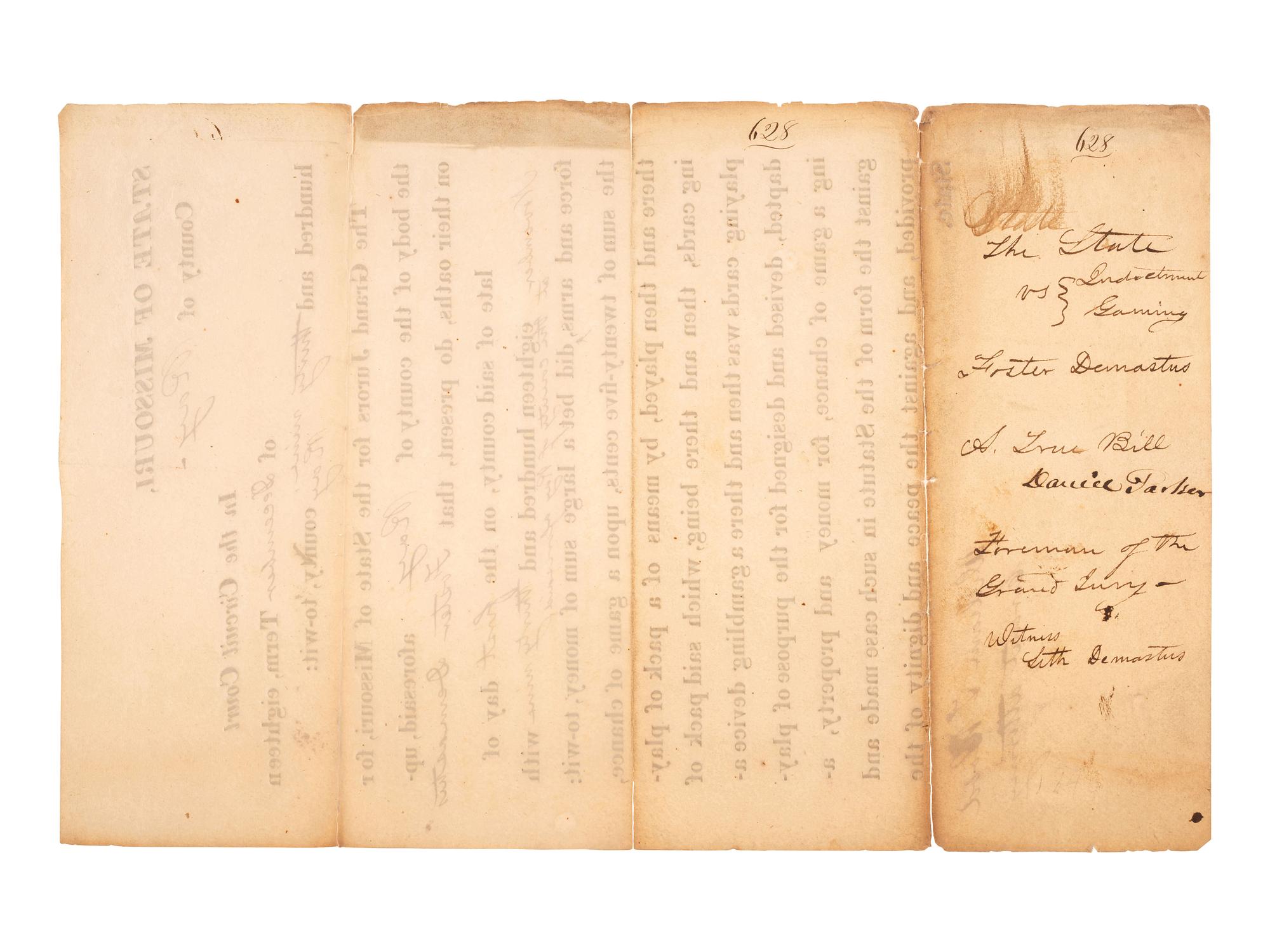 [MISSOURI] -- [MISSOURI TERRITORY]. Ephemera related to early Missouri settlement and history, including a grand jury indictment for cheating with a "gambling device" adapted for playing cards.
