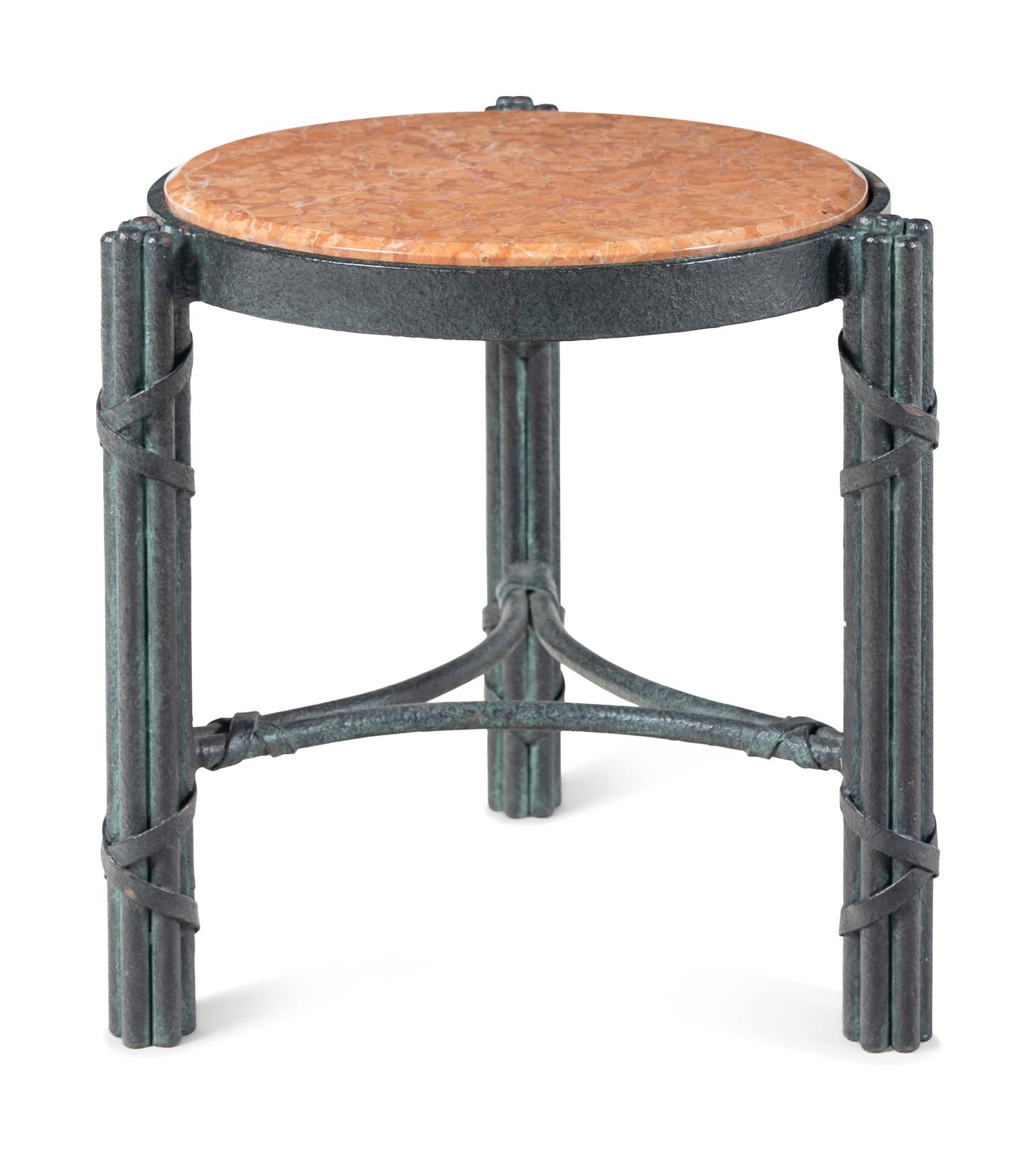 A Pair of Patinated Metal and Marble Side Tables