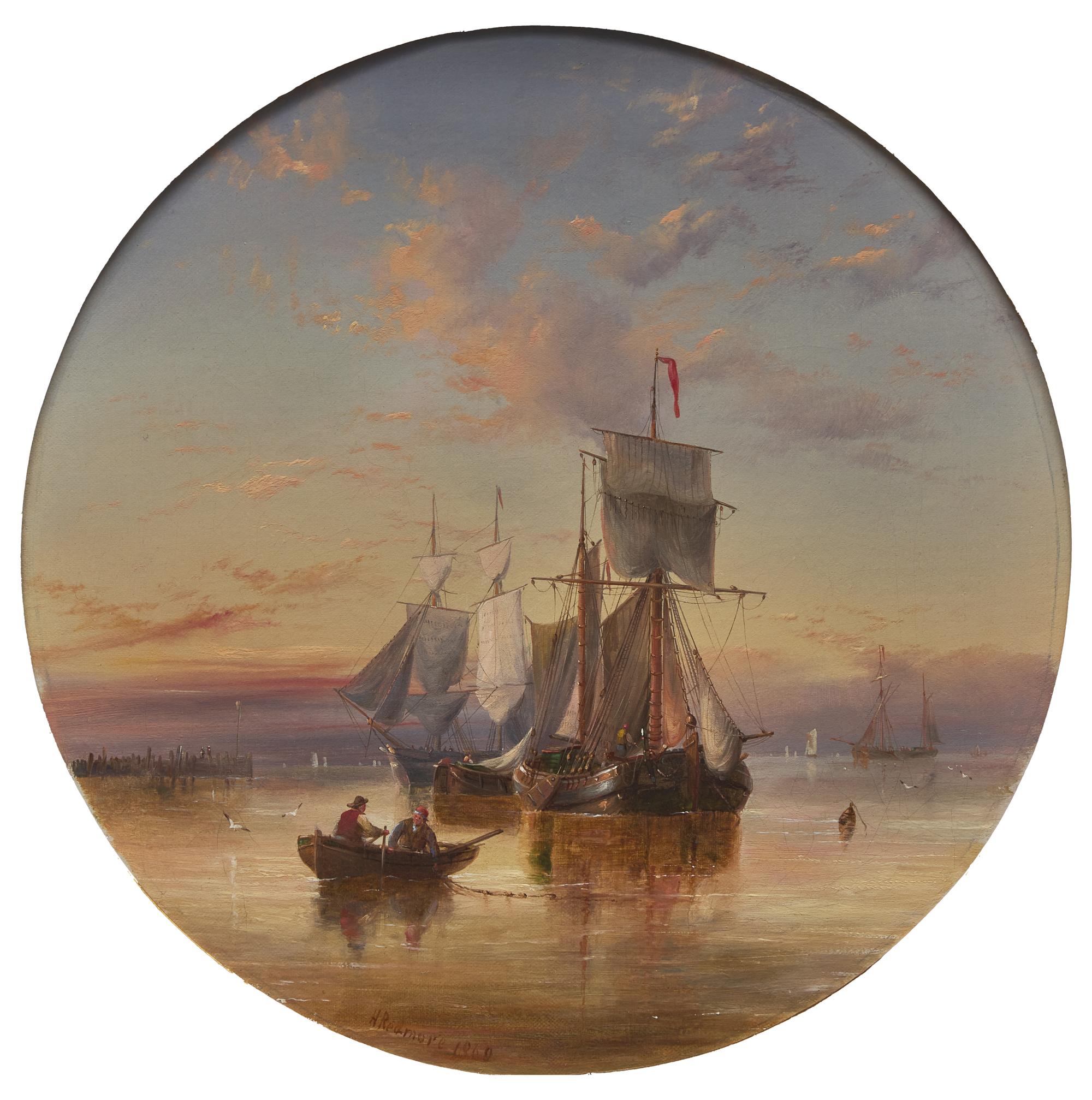 Barges and other shipping drying their sales in an estuary anchorage, 1860