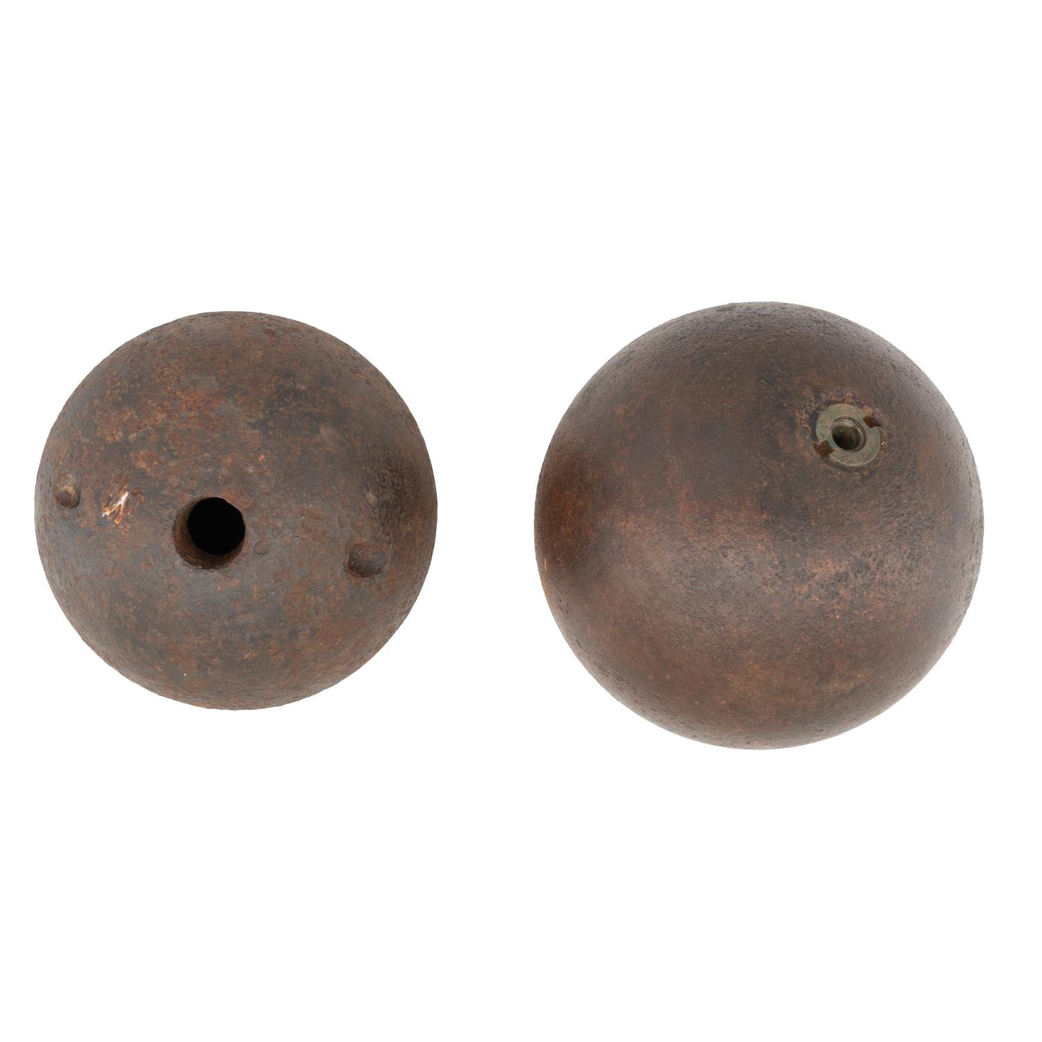 Two Excavated Civil War Spherical Shells, 8" Mortar Ball and 9" Dahlgren Navy Ball