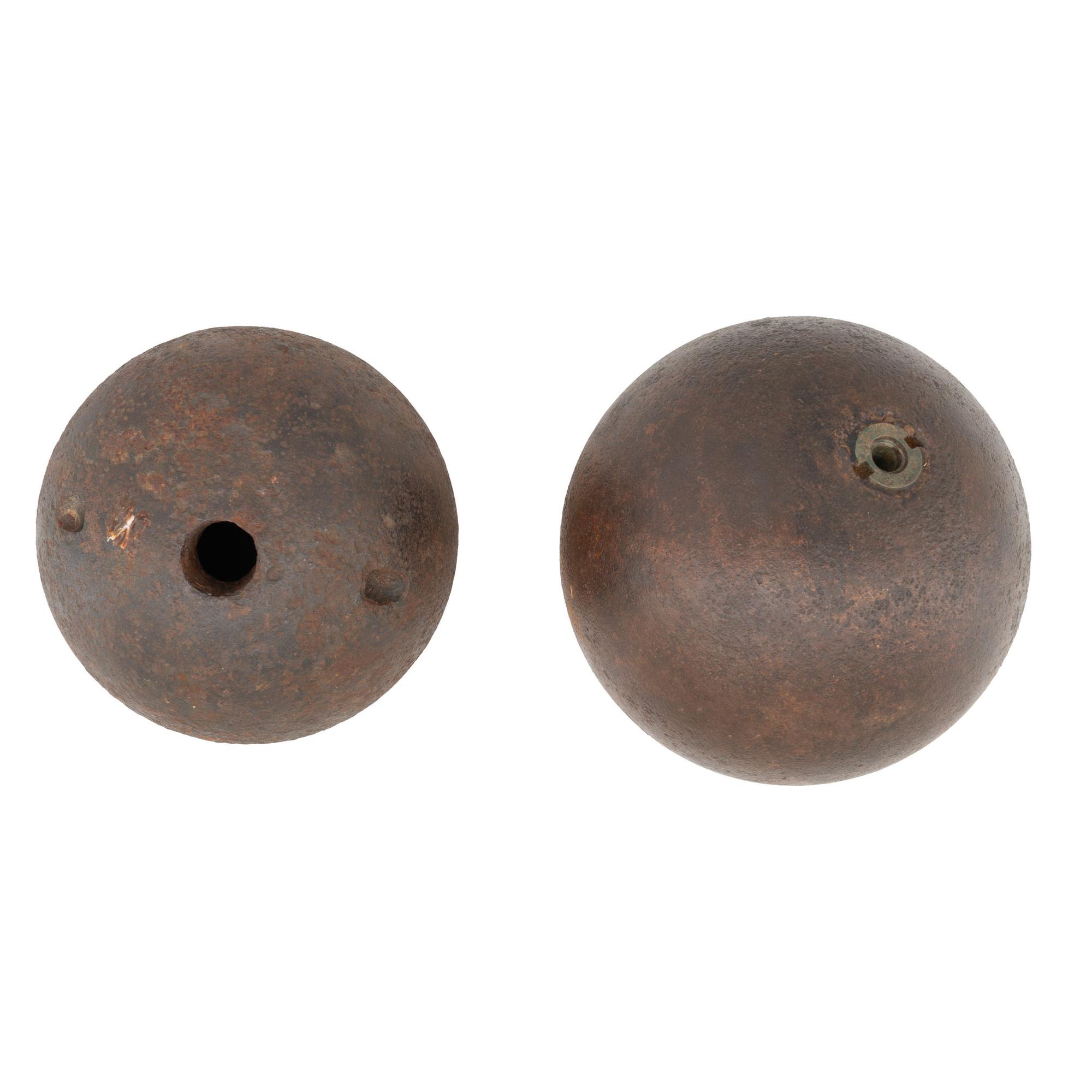 Two Excavated Civil War Spherical Shells, 8" Mortar Ball and 9" Dahlgren Navy Ball