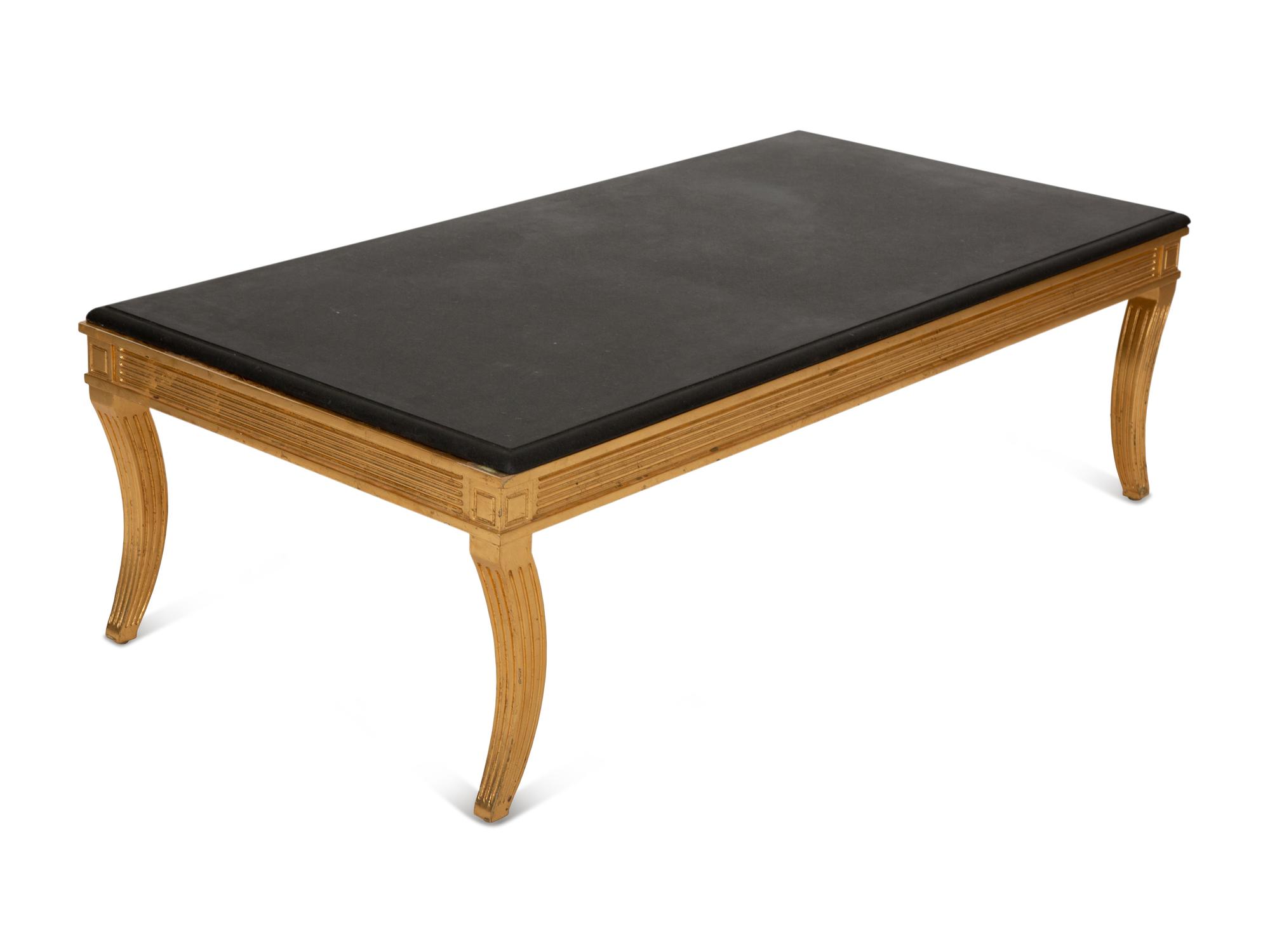 A Regency Style Giltwood Low Coffee Table with Black Marble Top
