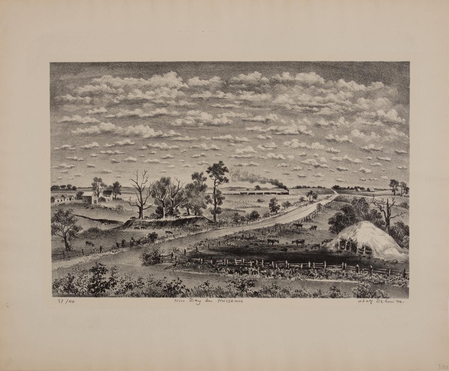 A group of four prints ( Golden Gate; Landscape with Cows; Minnesota Farmyard; Nice Day in Missouri )