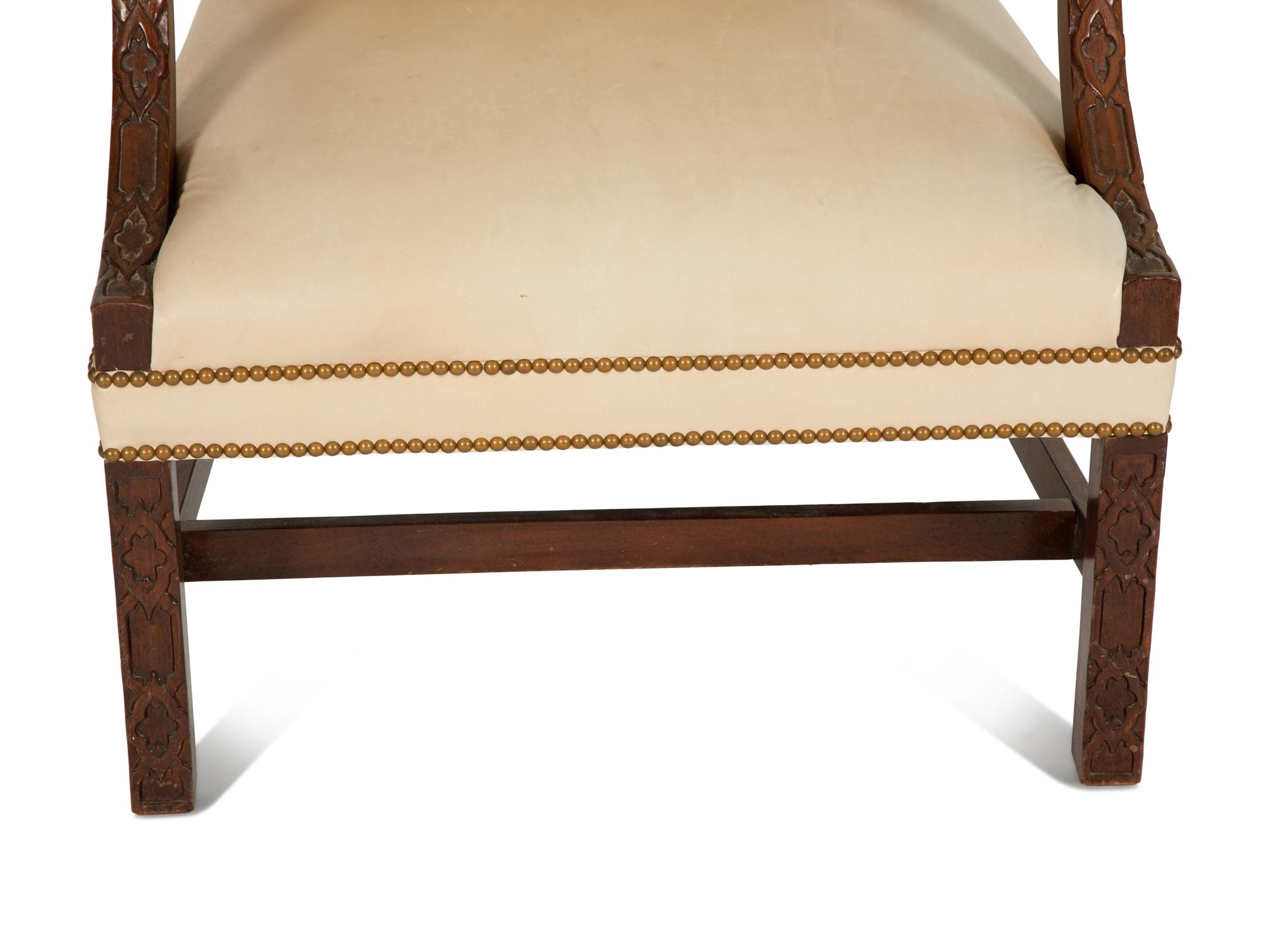 A George II Style Mahogany White Leather Upholstered Library Chair — 20th Century