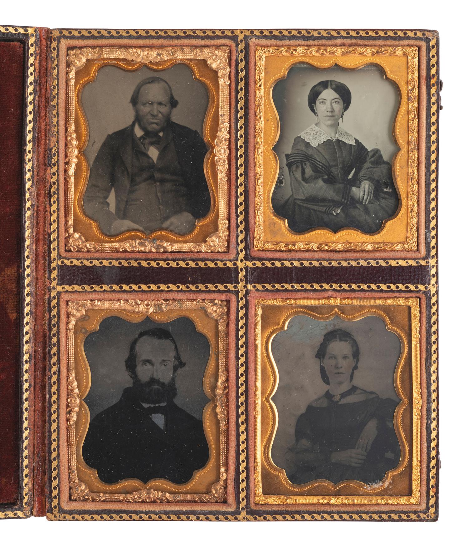 [EARLY PHOTOGRAPHY]. Half plate Union case containing 4 ninth plate images of men and women.