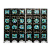 A Chinese Lacquer and Cloisonné Six-Panel Screen