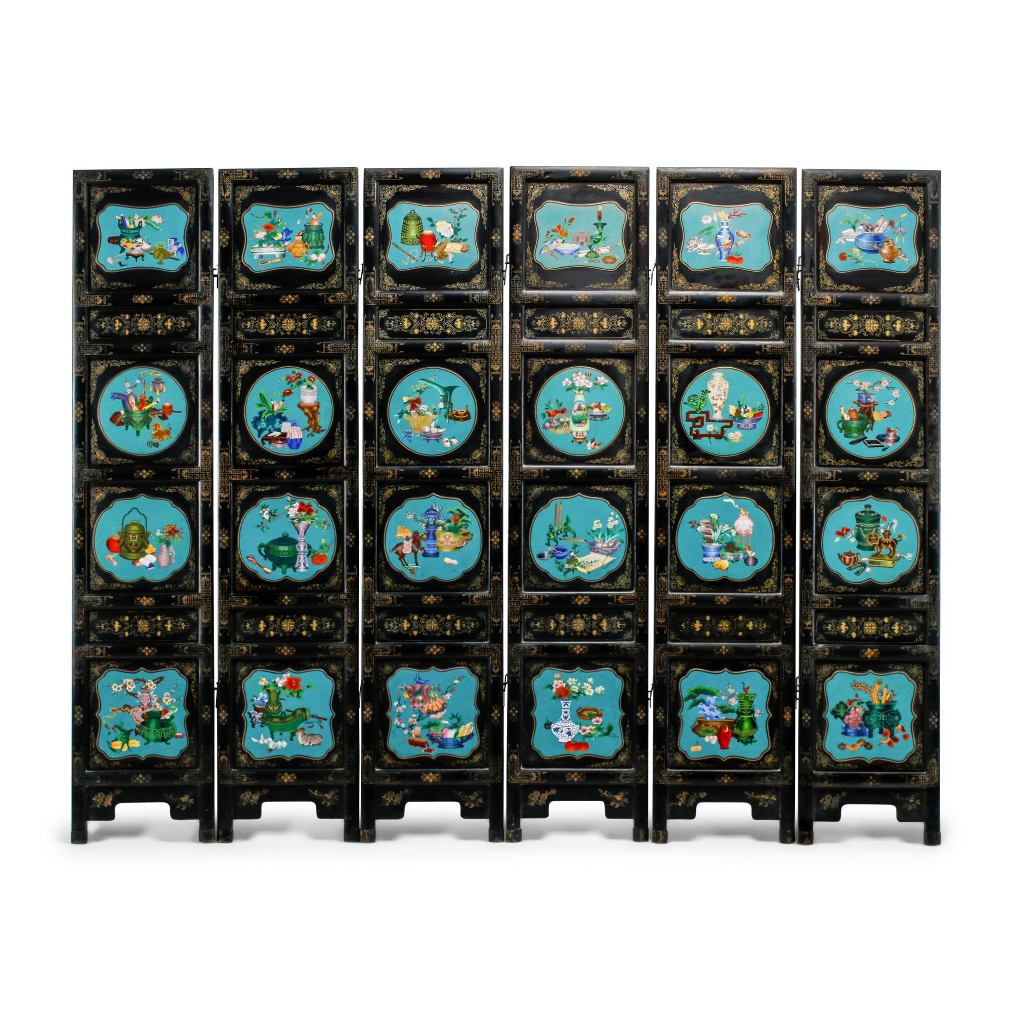 A Chinese Lacquer and Cloisonné Six-Panel Screen