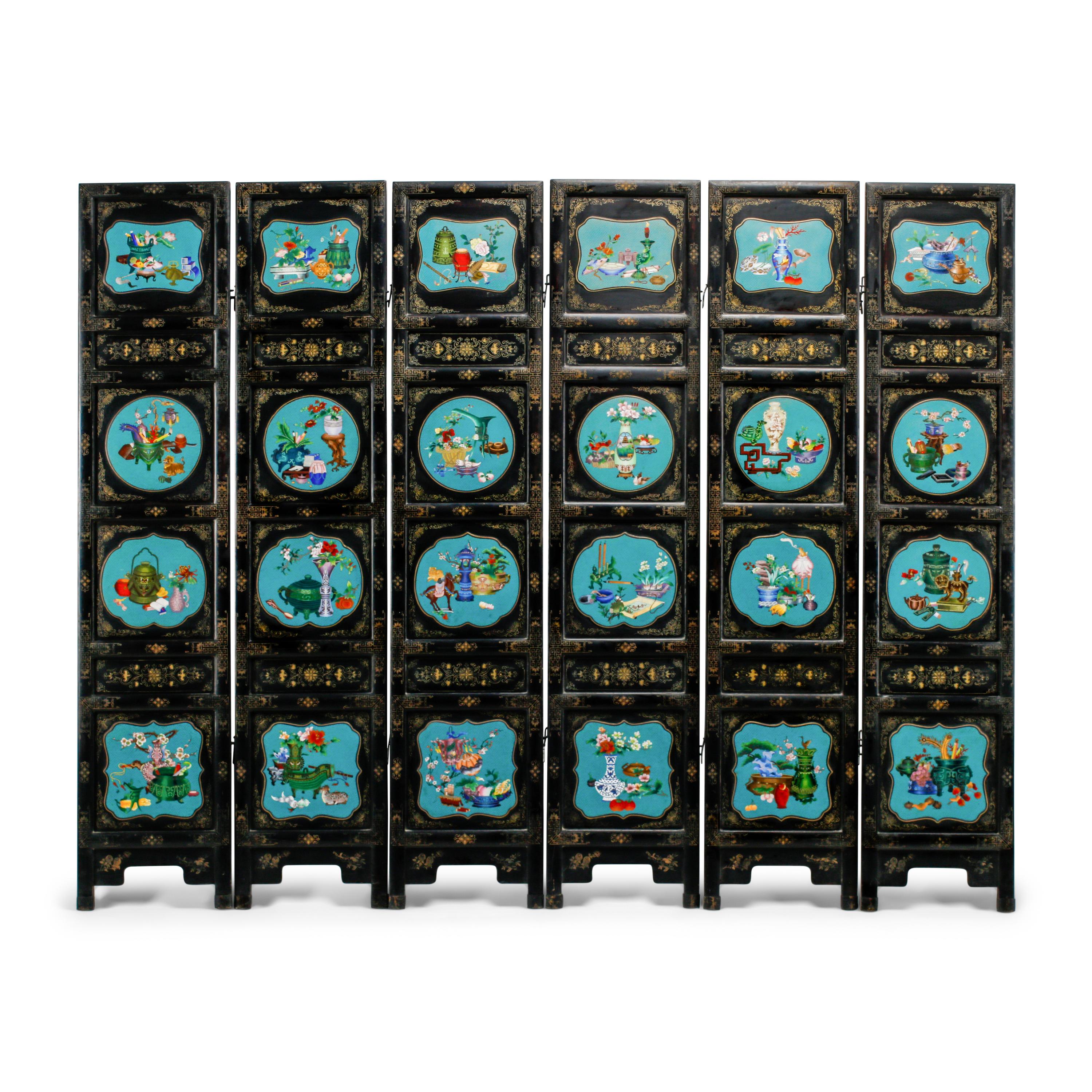 A Chinese Lacquer and Cloisonné Six-Panel Screen