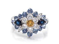 An 18 Karat White Gold, Colored Diamond, Diamond and Sapphire Ring,