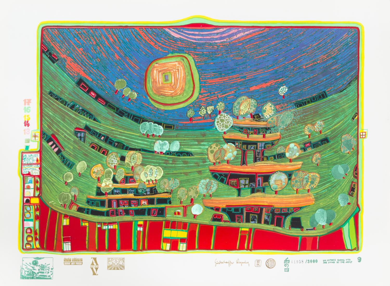 Friedensreich Hundertwasser, (Austrian, 1928-2000), Look at it on a Rainy Day (Regentag Portfolio), 1971-72