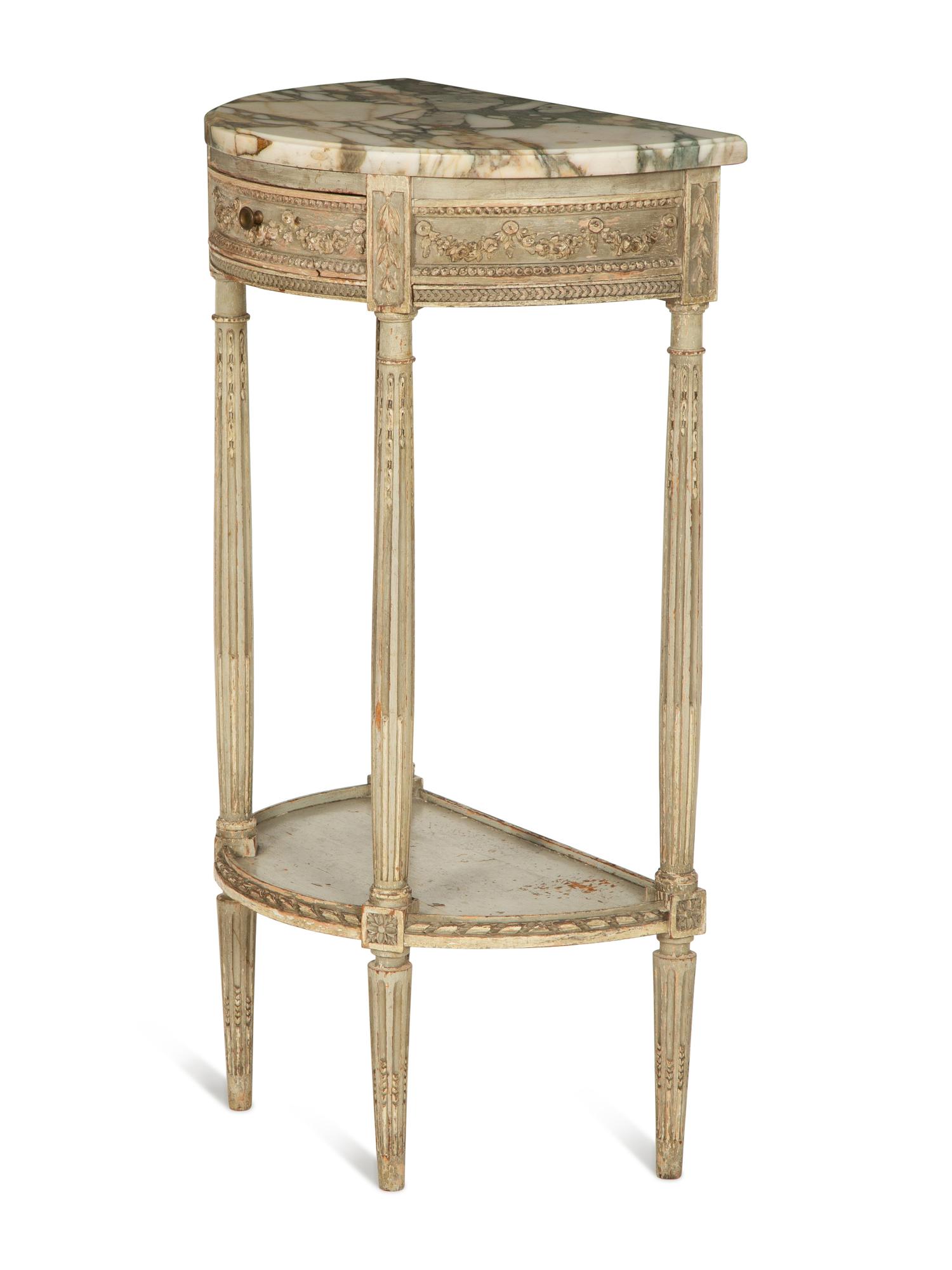 A Louis XVI Style Grey-Painted Demilune Marble-Top Console Table