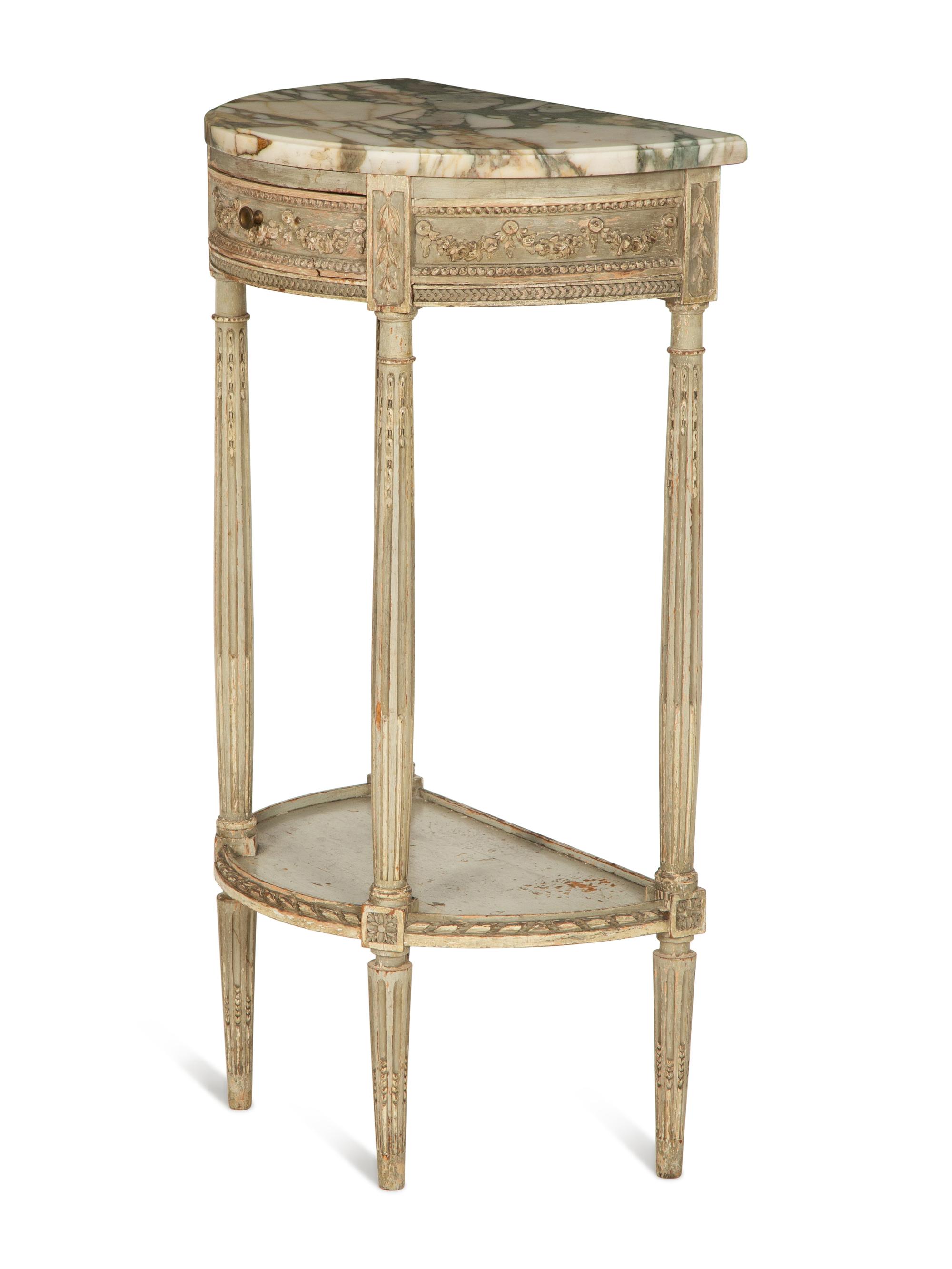 A Louis XVI Style Grey-Painted Demilune Marble-Top Console Table
