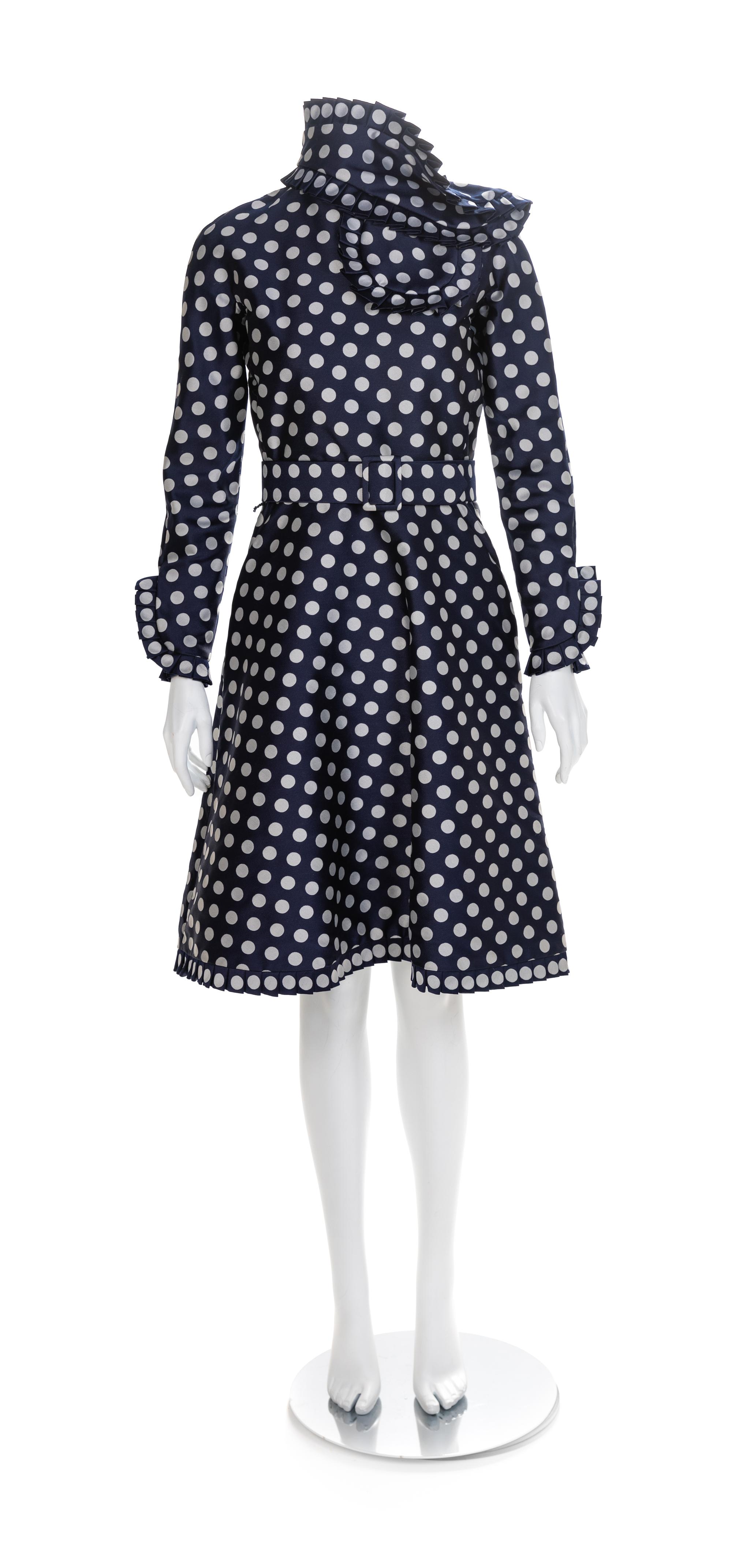 Geoffery Beene Navy Polkadot Dress, 1960s Belt size label: 8