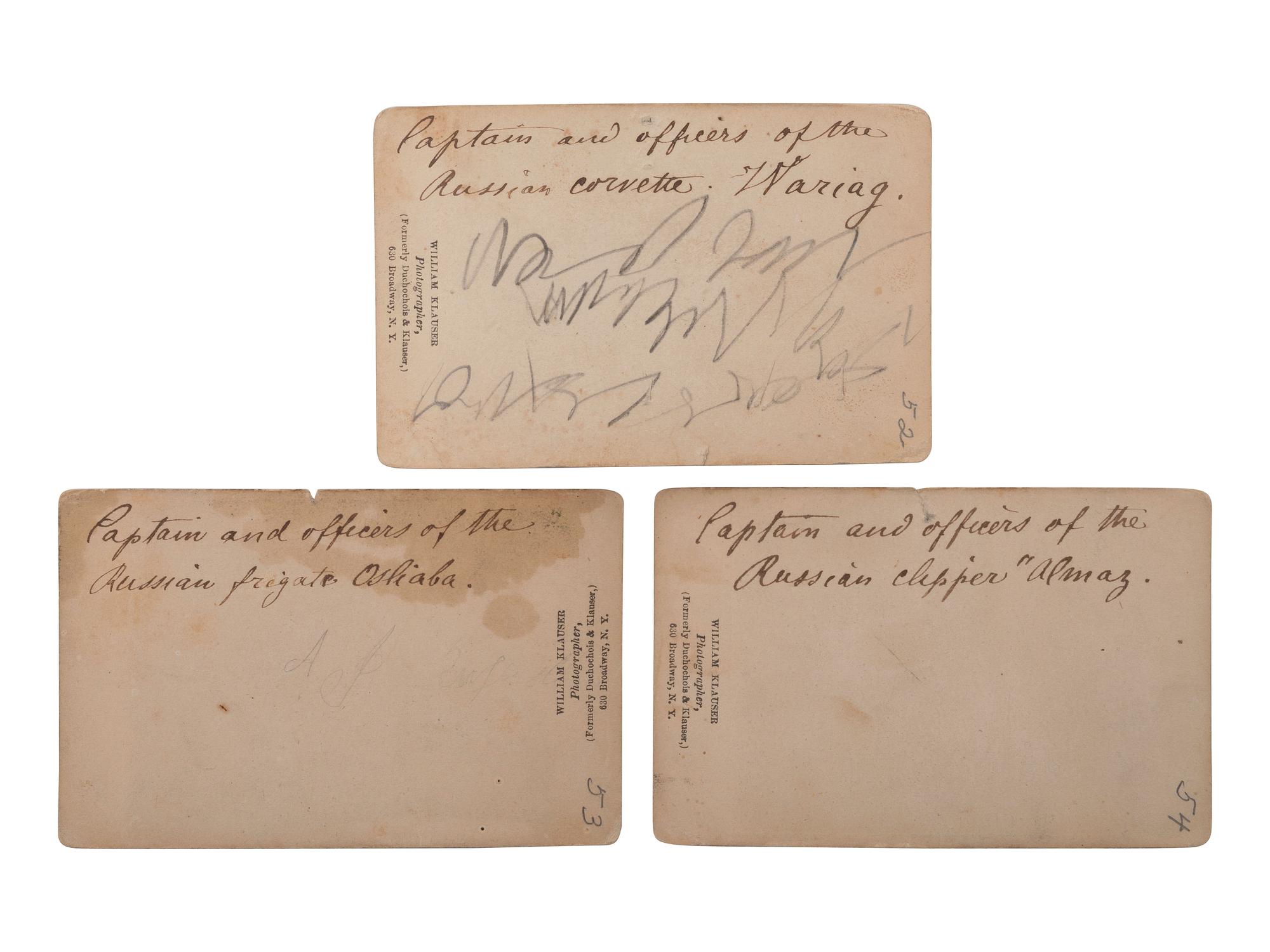 [CIVIL WAR]. KLAUSER, William, photographer. A group of 3 CDVs of Russian crews aboard identified warships that helped secure Union Harbors, incl. Variag , Osliaba , and Almaz . New York, n.d.