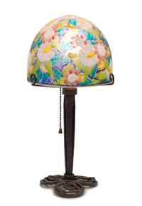 A French Art Deco Enameled Glass and Wrought Iron Table Lamp, Mazoyer Height overall 15 1/2, diameter of shade 7 inches.