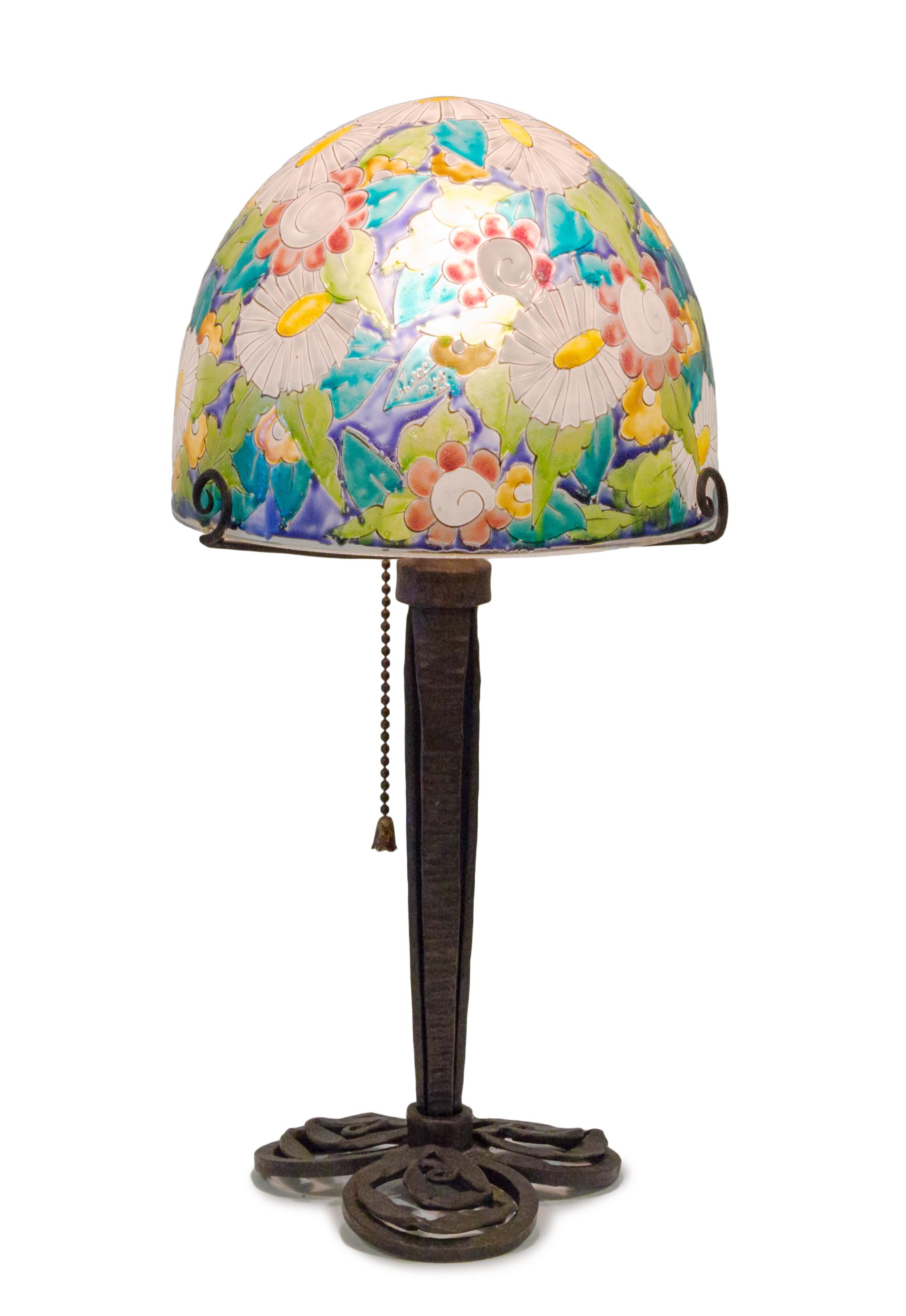 A French Art Deco Enameled Glass and Wrought Iron Table Lamp, Mazoyer Height overall 15 1/2, diameter of shade 7 inches.