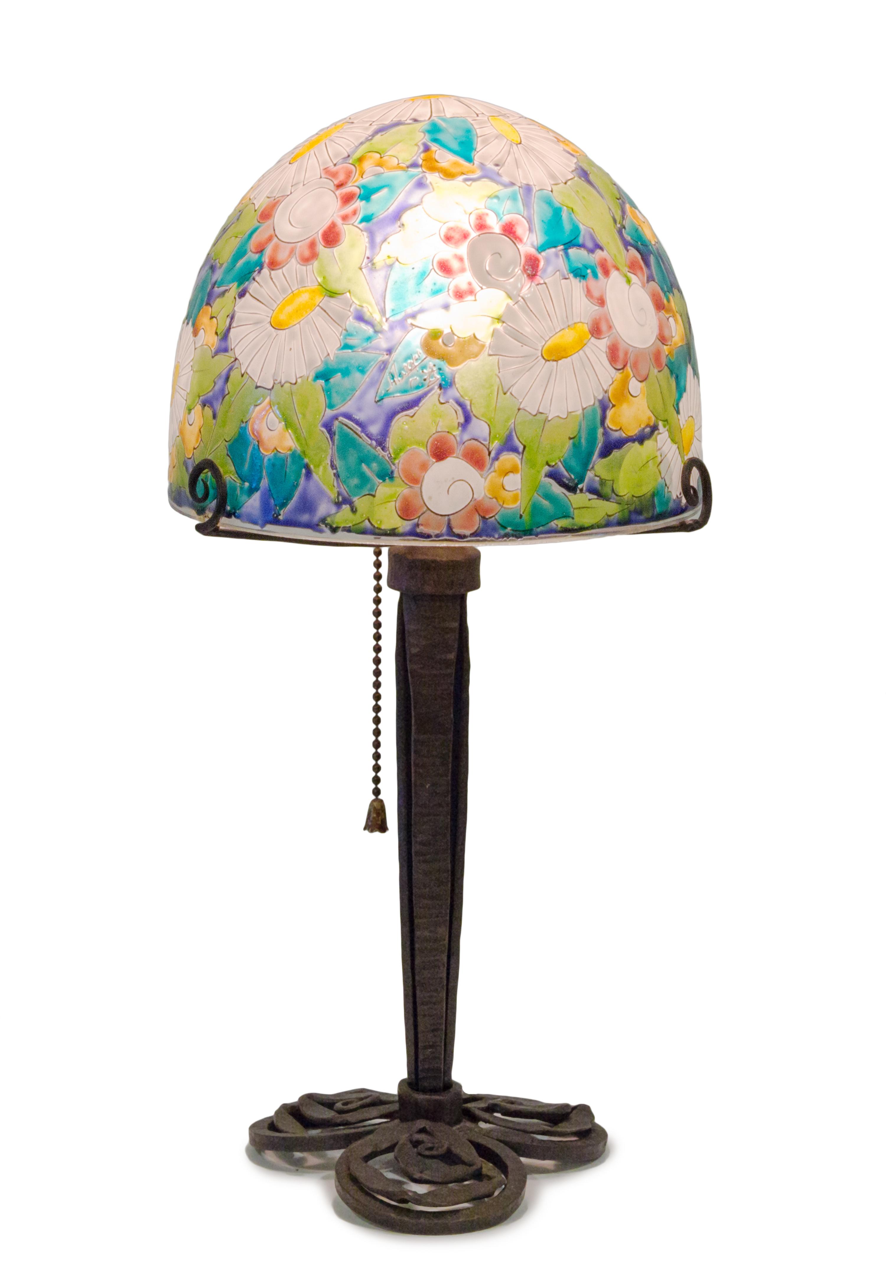 A French Art Deco Enameled Glass and Wrought Iron Table Lamp, Mazoyer Height overall 15 1/2, diameter of shade 7 inches.