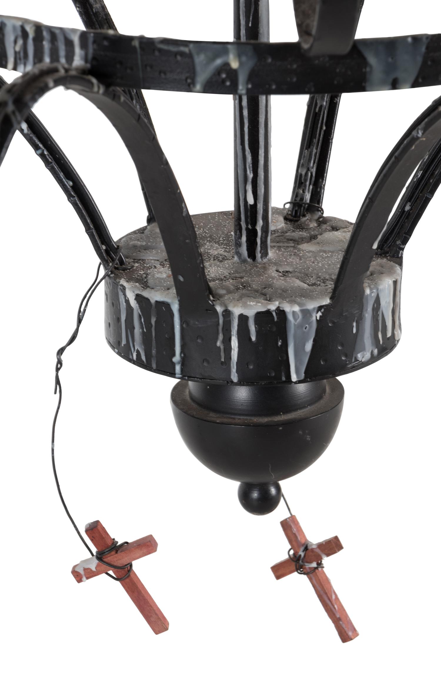 A Black-Painted Wrought Metal Twelve-Light Chandelier