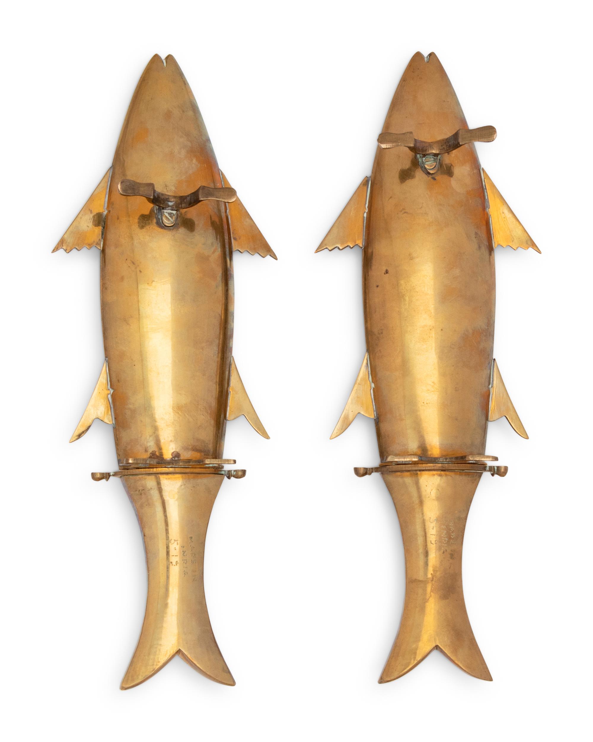 A Two-Piece Carving Set in Brass Fish-Form Sheaths