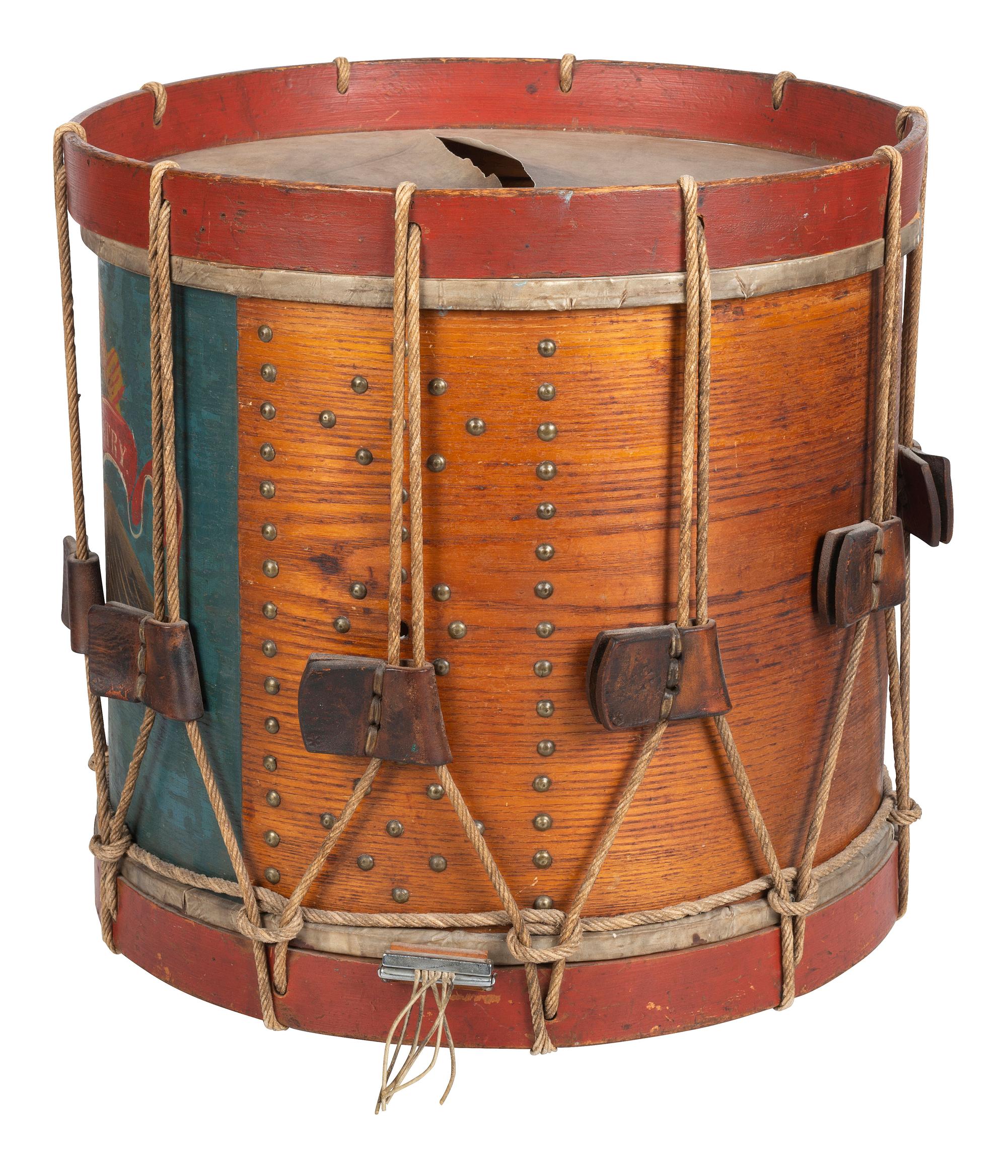 [CIVIL WAR]. Regulation US Infantry hand-painted snare drum. Attributed manufacture to Charles E. Town, Bath, ME.