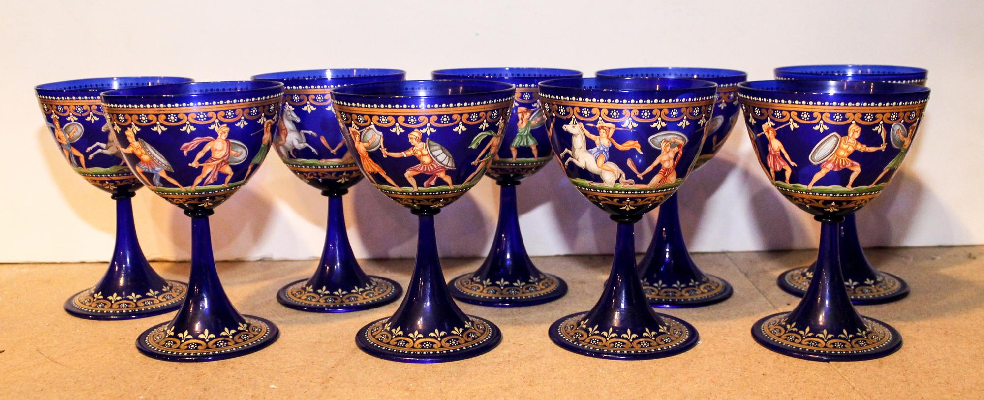 Nine Painted Cobalt Glass Goblets. Height 6 inches.