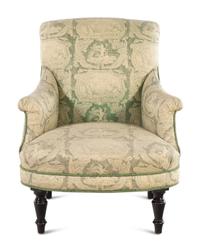 A Green and White Toile de Jouy Upholstered Armchair