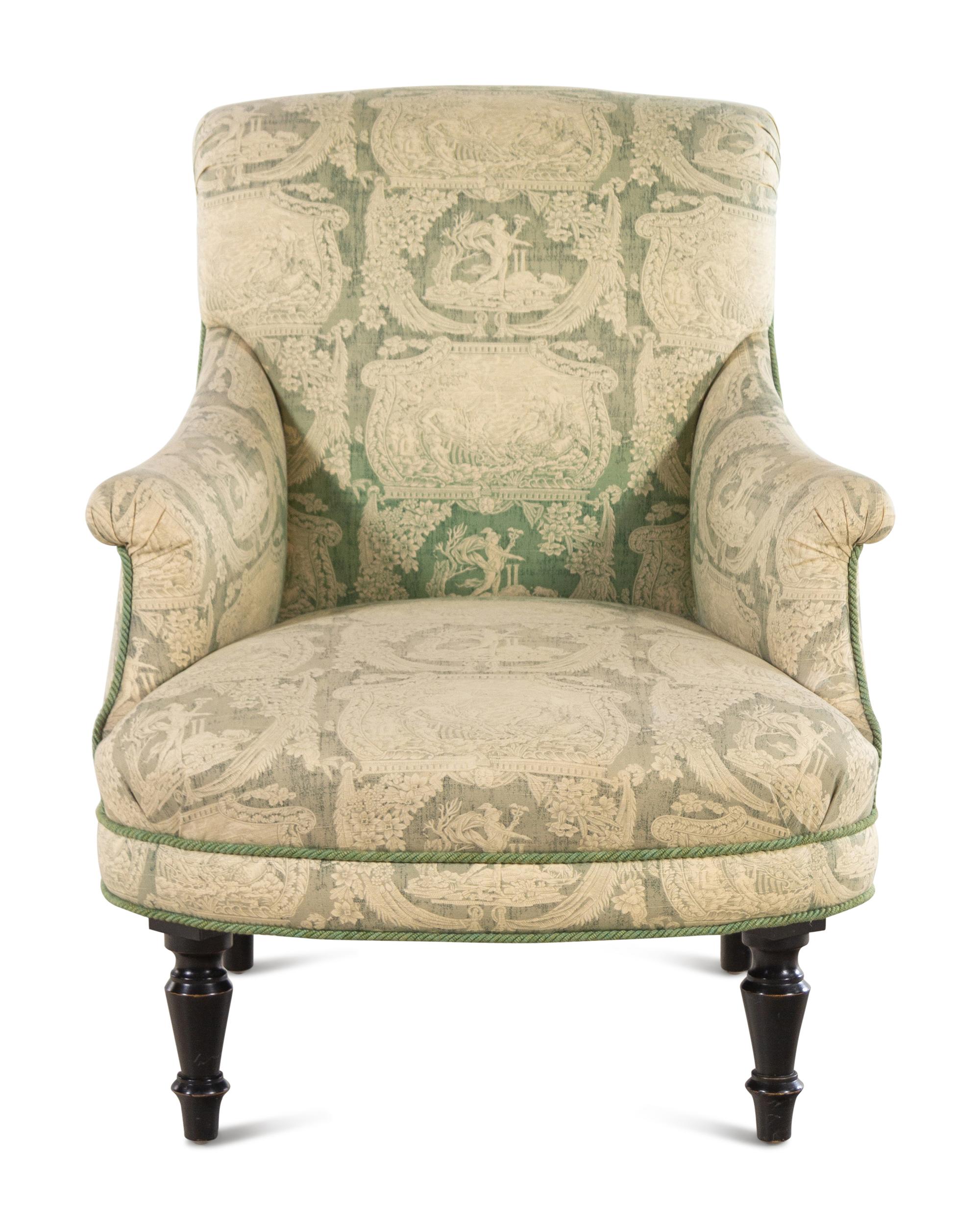 A Green and White Toile de Jouy Upholstered Armchair