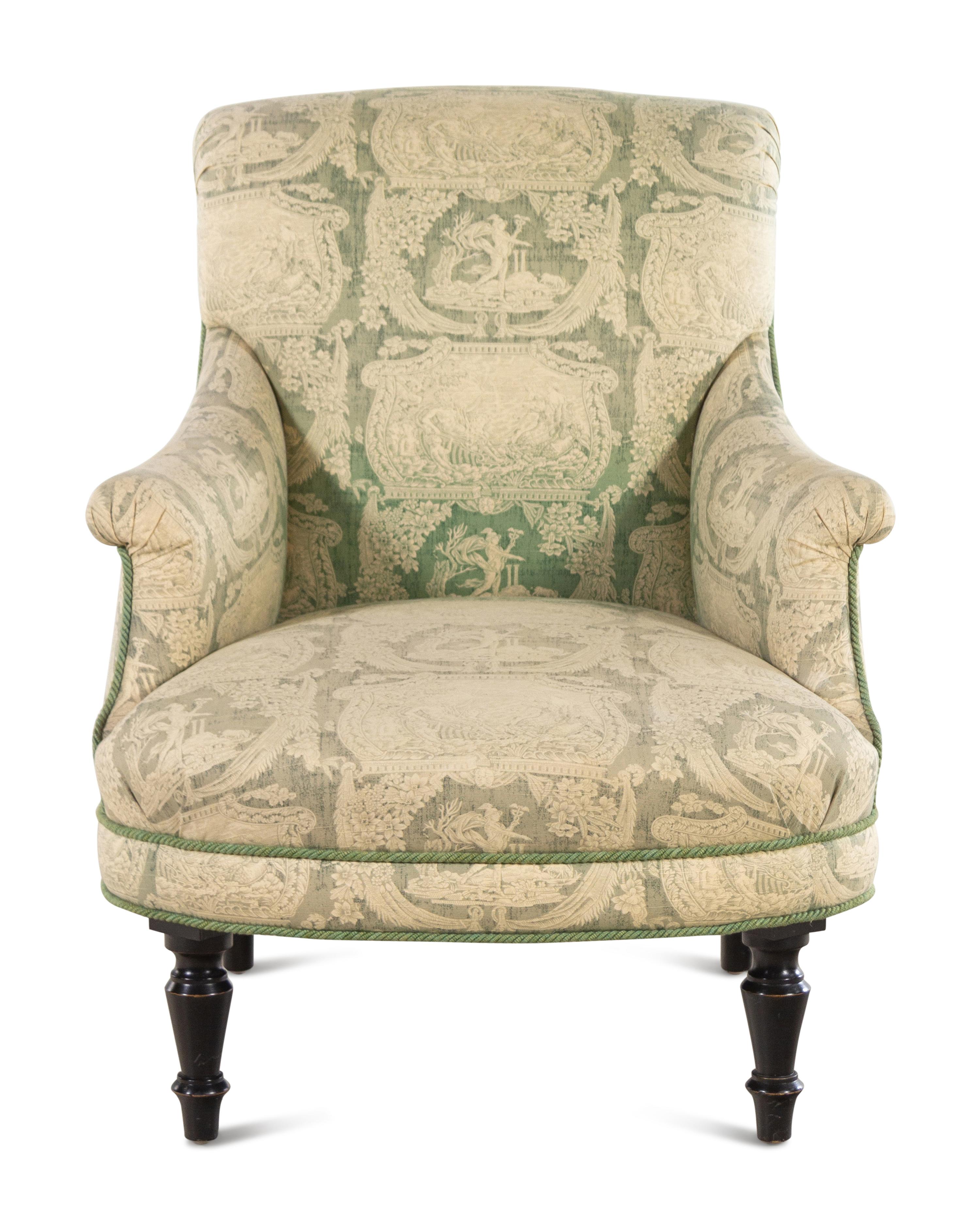 A Green and White Toile de Jouy Upholstered Armchair