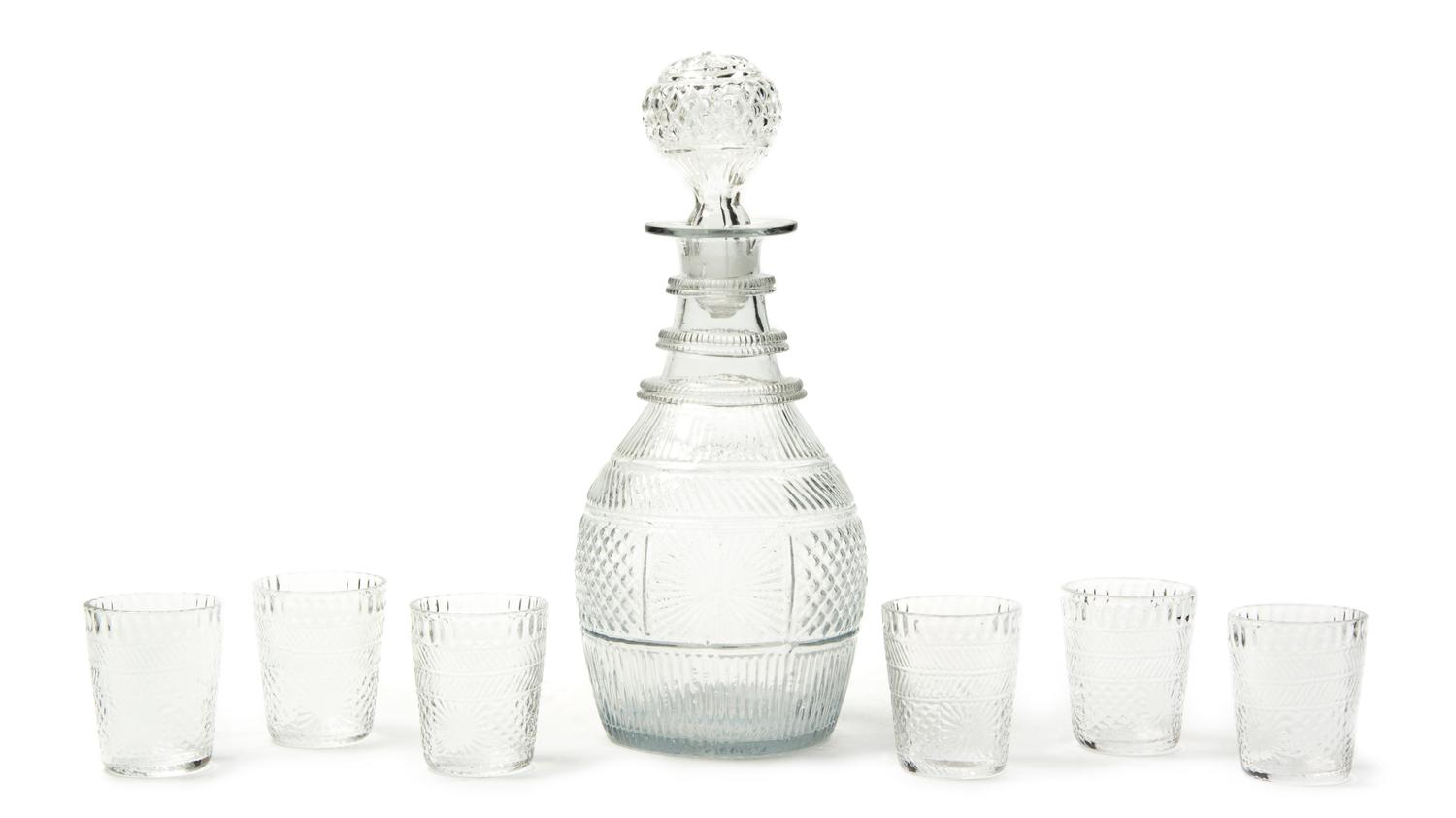 An American Mold Blown Glass Drinks Set, attributed to Boston and Sandwich Glass Co., Height of decanter 10 1/2 inches.