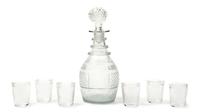 An American Mold Blown Glass Drinks Set, attributed to Boston and Sandwich Glass Co., Height of decanter 10 1/2 inches.