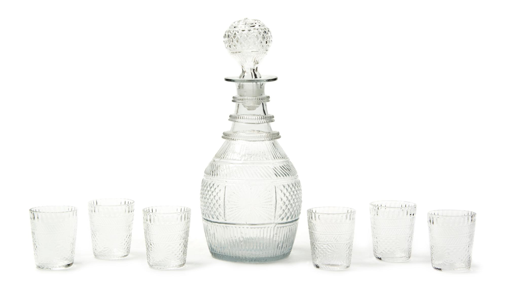 An American Mold Blown Glass Drinks Set, attributed to Boston and Sandwich Glass Co., Height of decanter 10 1/2 inches.