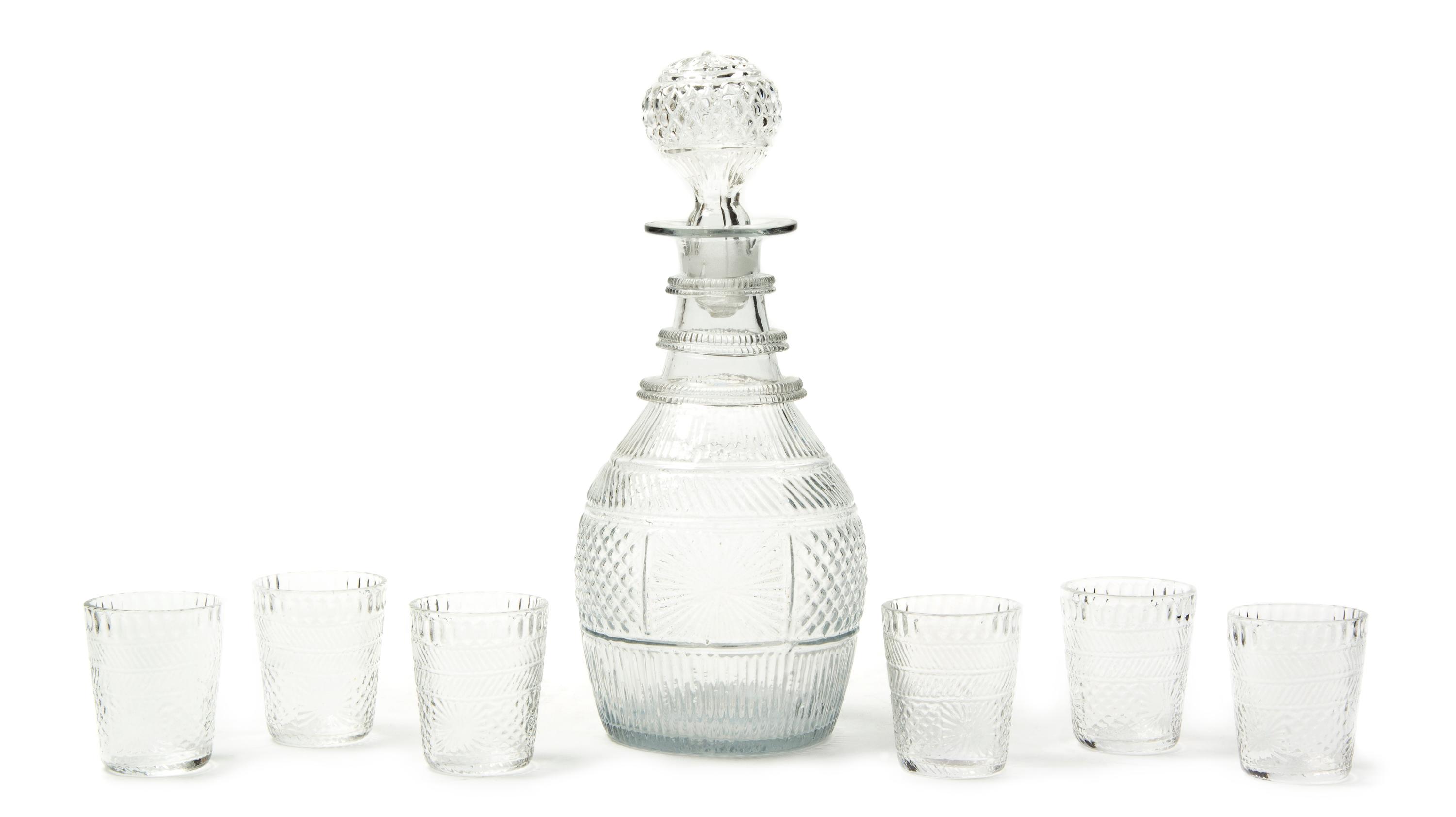 An American Mold Blown Glass Drinks Set, attributed to Boston and Sandwich Glass Co., Height of decanter 10 1/2 inches.