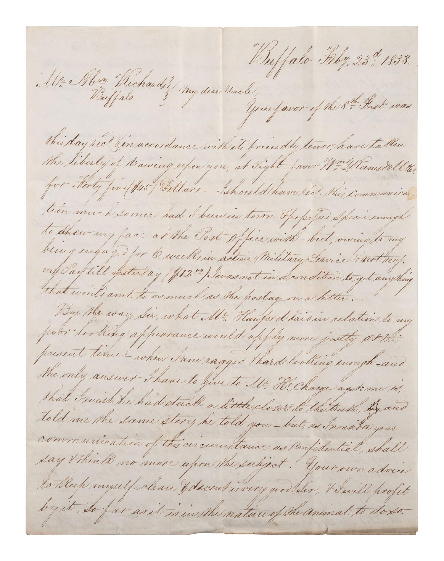 [AROOSTOOK WAR]. ALS describing Canadians threatening to burn towns. Buffalo, NY, 1838.