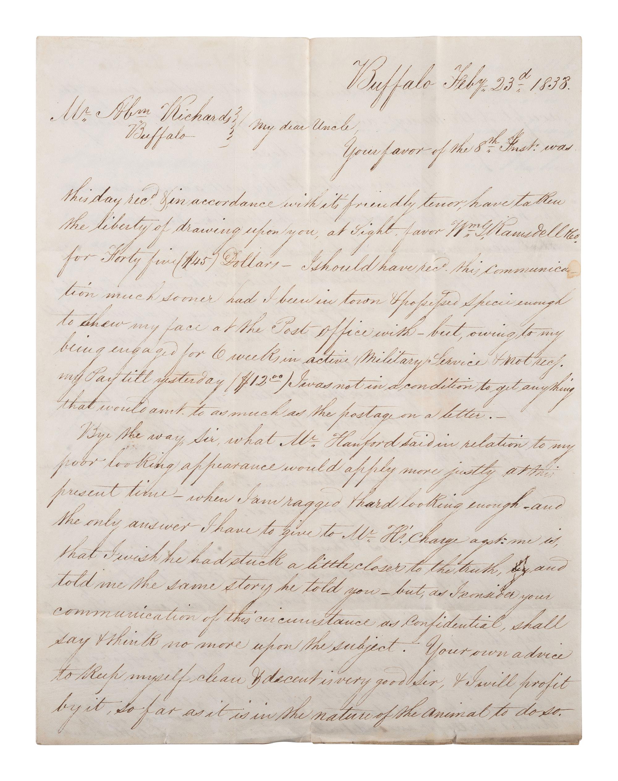 [AROOSTOOK WAR]. ALS describing Canadians threatening to burn towns. Buffalo, NY, 1838.