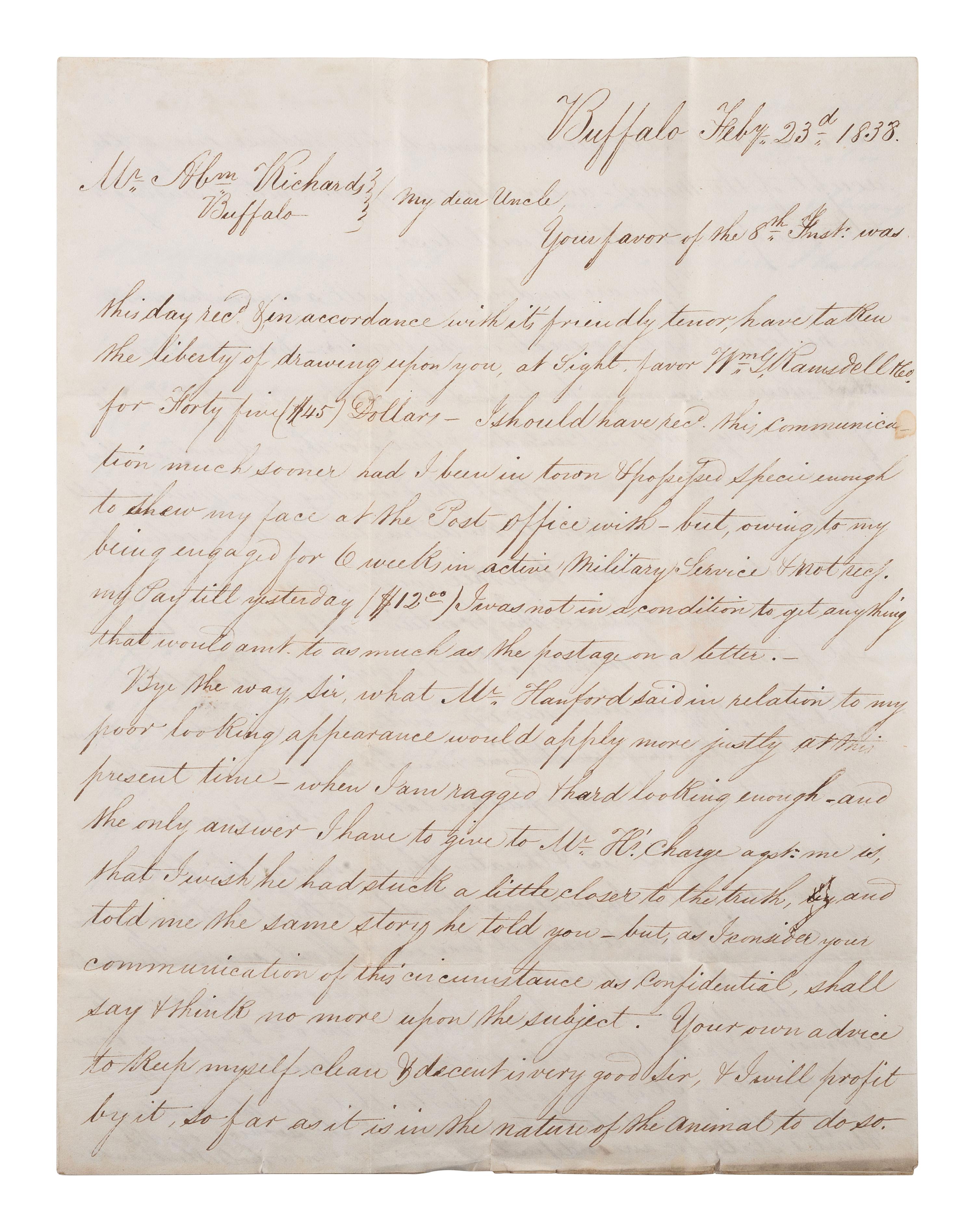 [AROOSTOOK WAR]. ALS describing Canadians threatening to burn towns. Buffalo, NY, 1838.