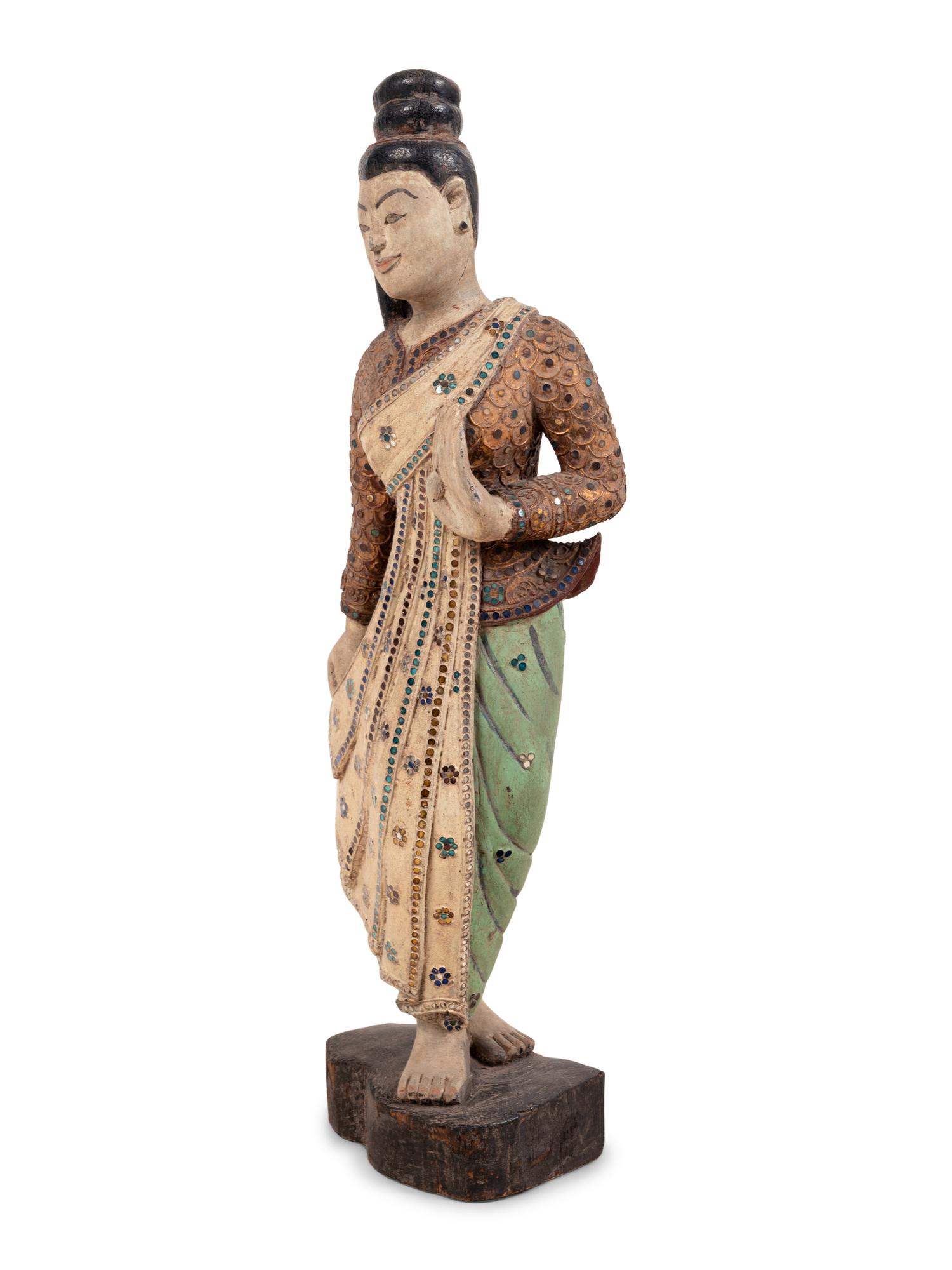 A Chinese Mica-Inset Carved and Polychrome Decorated Wood Standing Female Deity