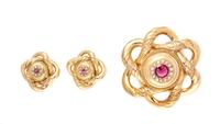 A Yellow Gold, Garnet and Seed Knot Motif Pearl Demi Parure, 11.10 dwts.