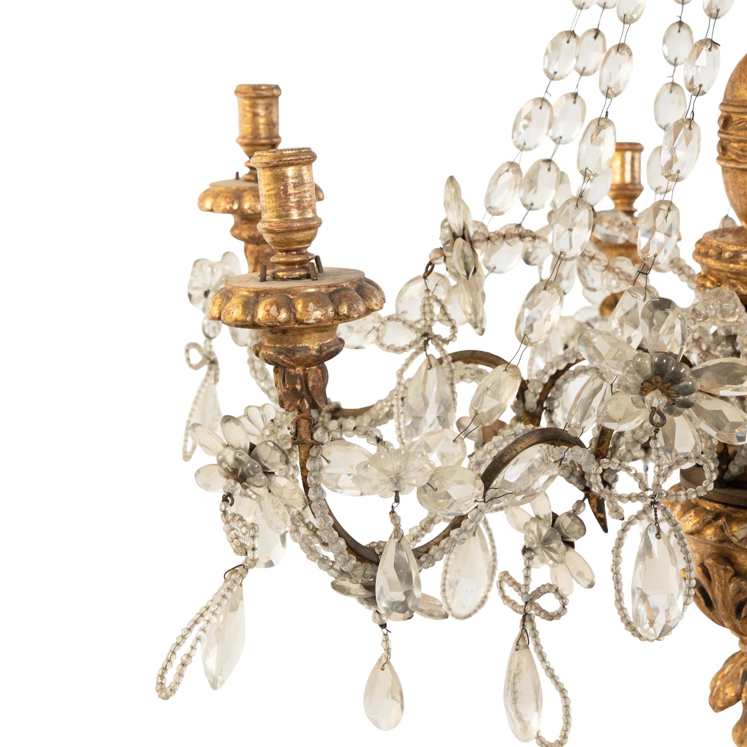 A Pair of Italian Giltwood and Cut-Glass Six-Light Chandeliers