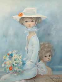 Two Young Gilrs, One Wearing a Hat and Holding a Floral Bouquet