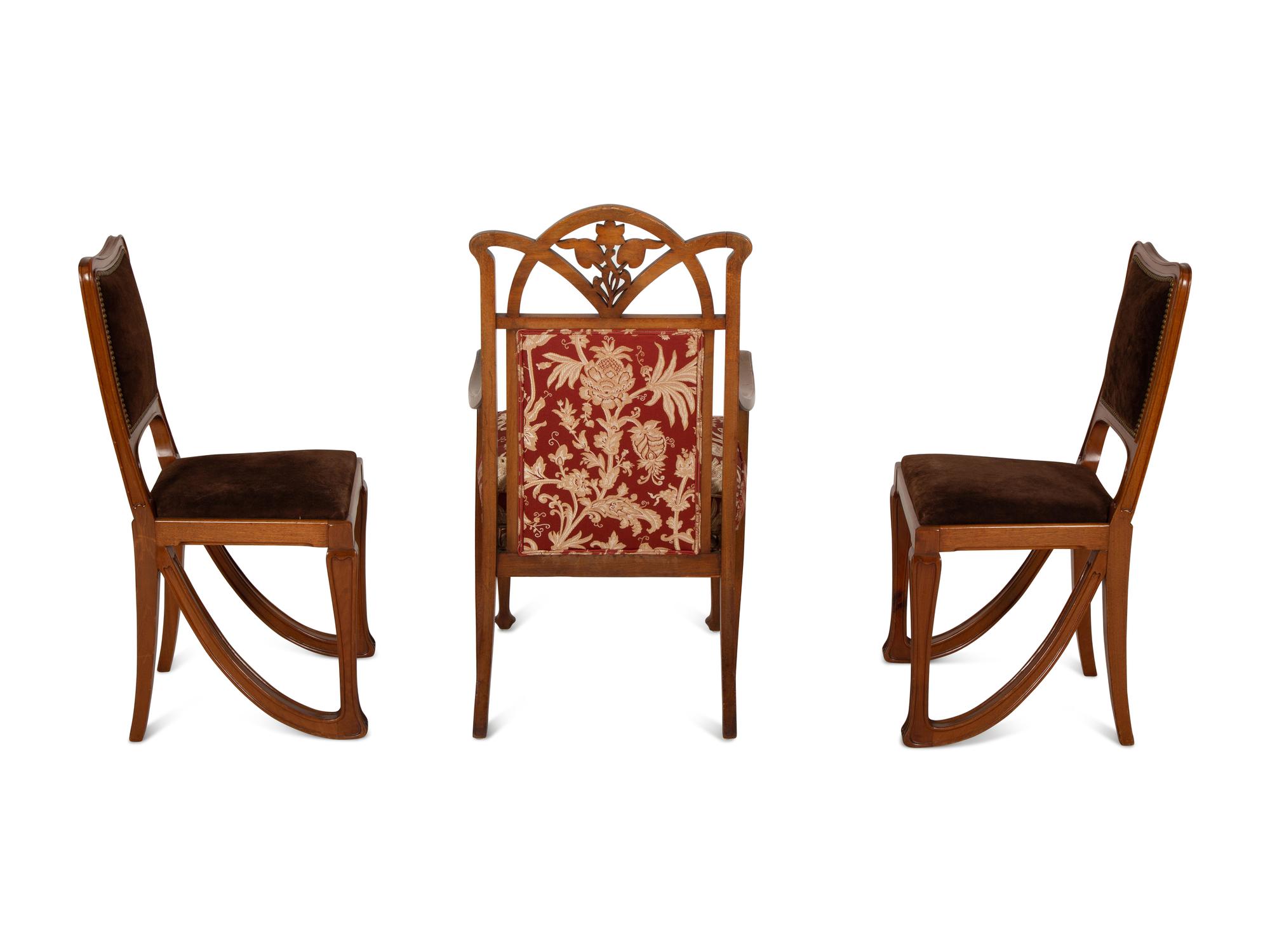 Three Art Nouveau Style Carved Mahogany Chairs in the Manner of Marjorelle — Early 20th Century
