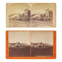 [Americana] Haynes, F. Jay. Two Stereoviews of Bull Trains in Crook City, South Dakota
