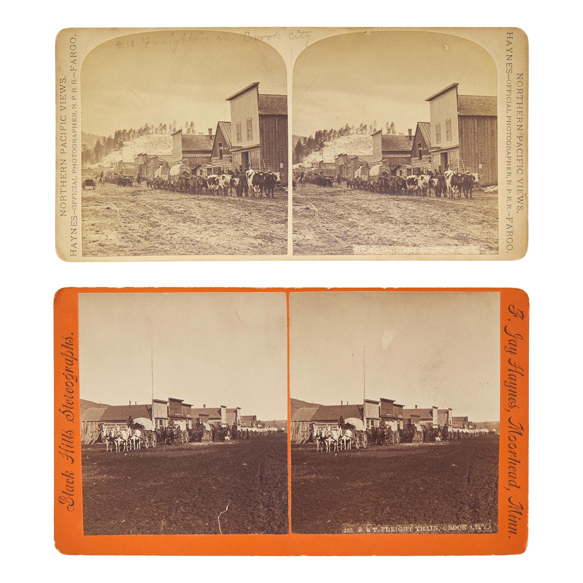 [Americana] Haynes, F. Jay. Two Stereoviews of Bull Trains in Crook City, South Dakota